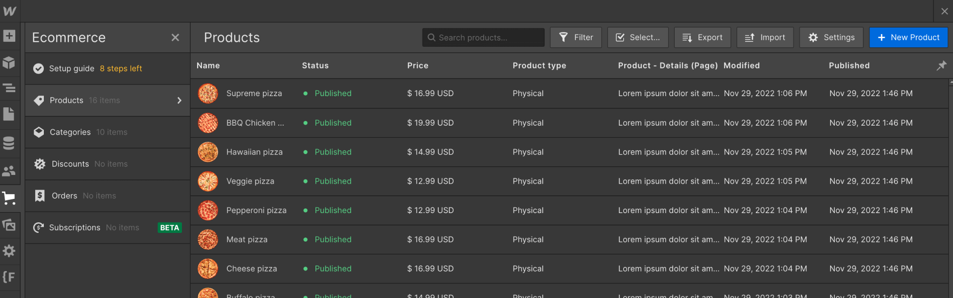 eCommerce Collection - Pizzaplanet X Webflow Template