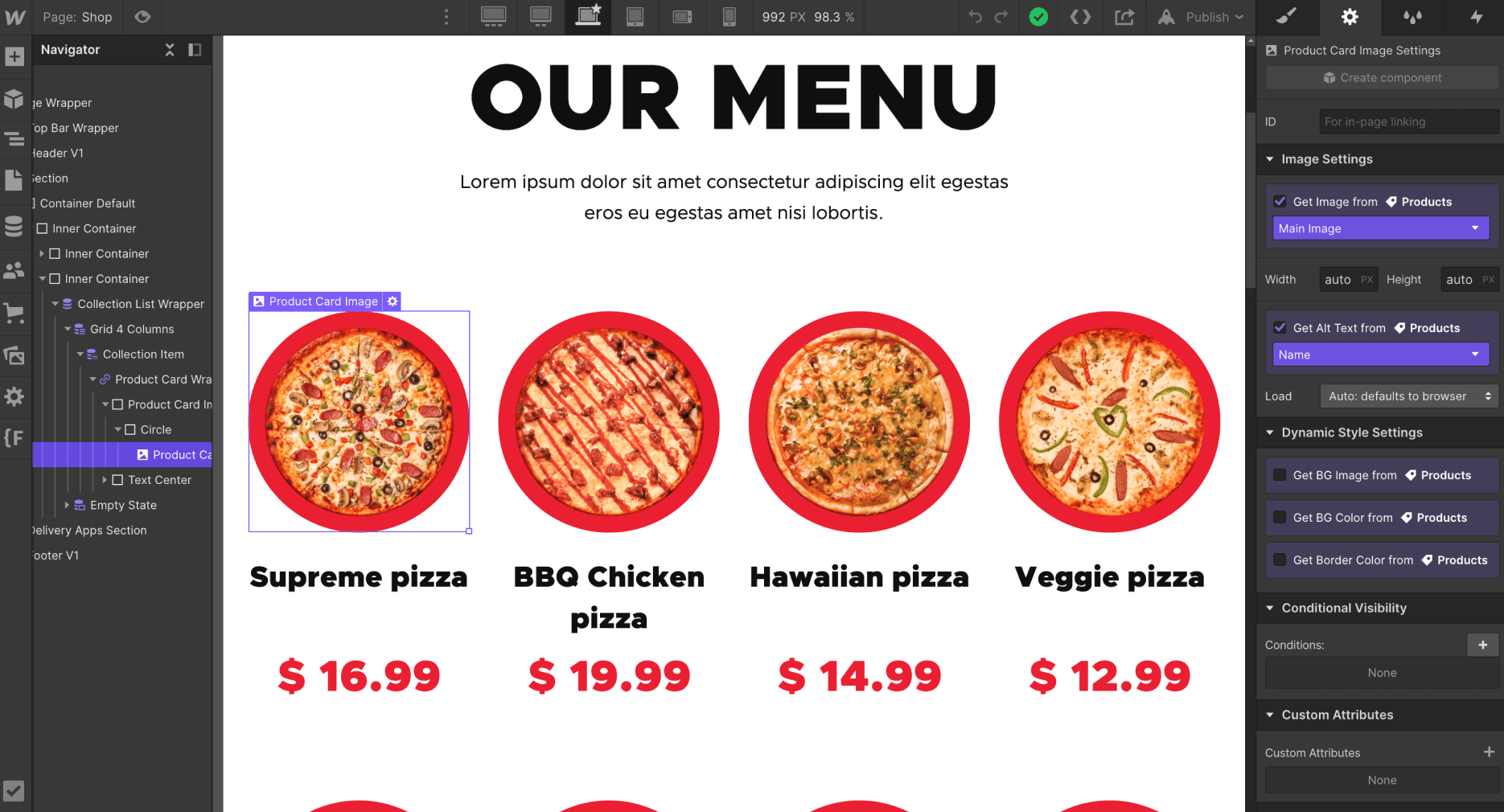 eCommerce Content - Pizzaplanet X Webflow Template
