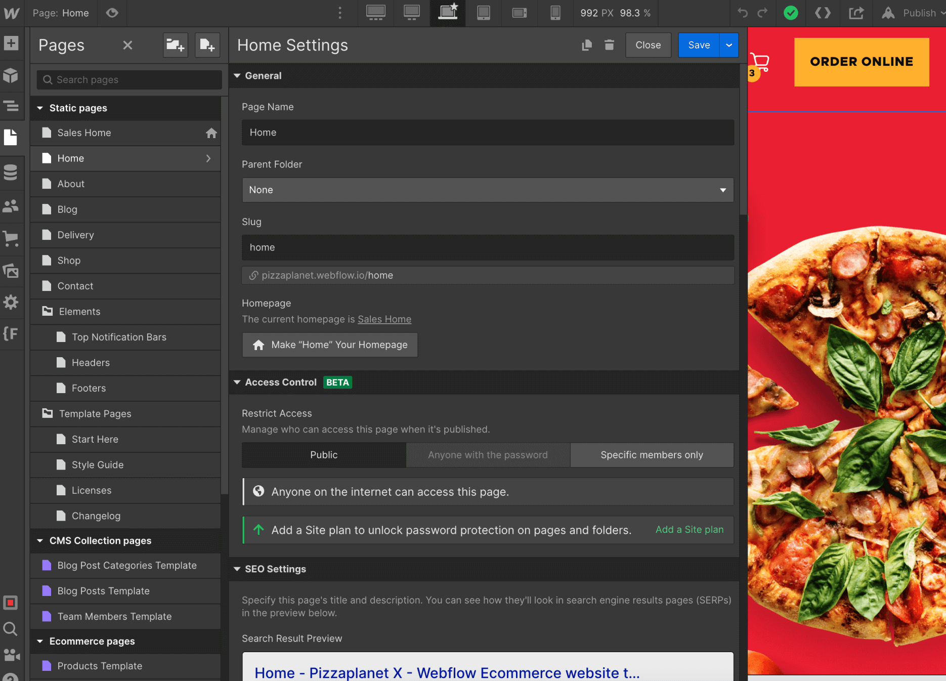 SEO - Pizzaplanet X Webflow Template