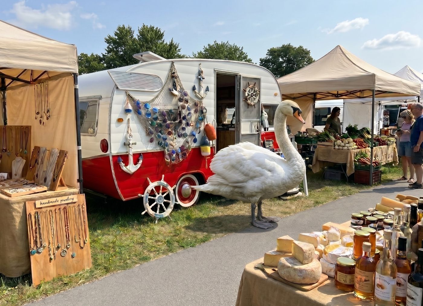 White swan standing on path at outdoor market with handmade jewelry, cheese, and vegetables.