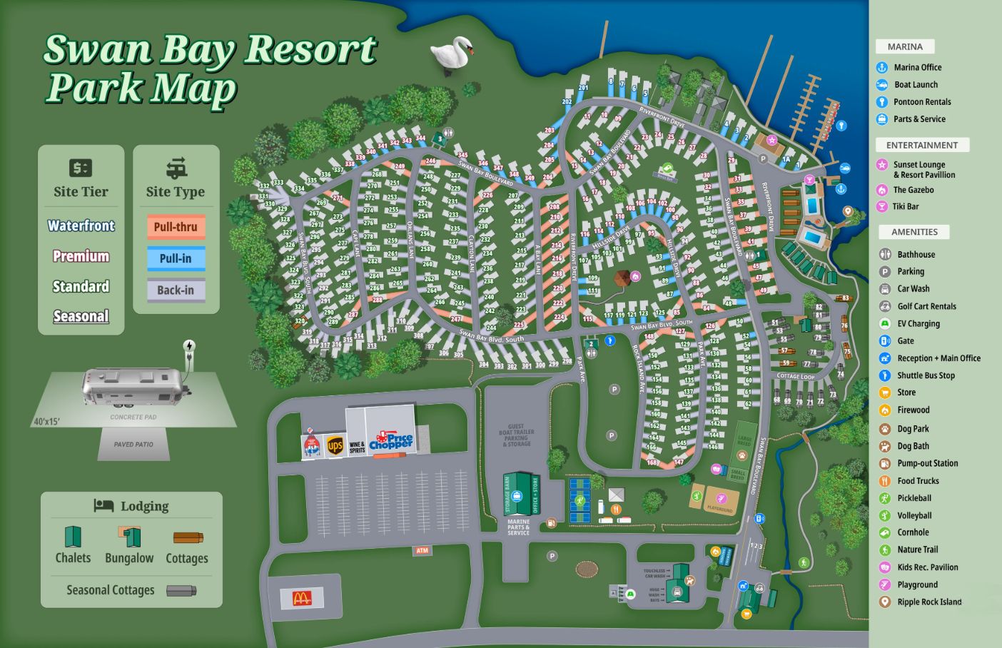 Map of the Swan Bay Resort and Marina marking the areas with the numbers for each space and names of various parts of the Resort.