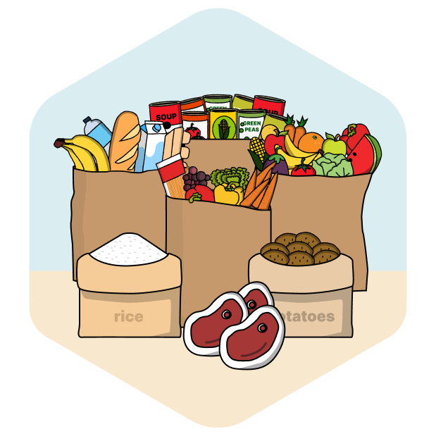 Illustration of paper bags filled with groceries that have been donated to local food banks from companies using the new Feed Your Impact CSR tool to convert their volunteer hours into meals donated.