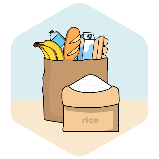 Grocery bag with food like bananas, water, milk, and bread, which have been donated to local food banks from Percent Pledge's Feed Your Impact CSR tool.