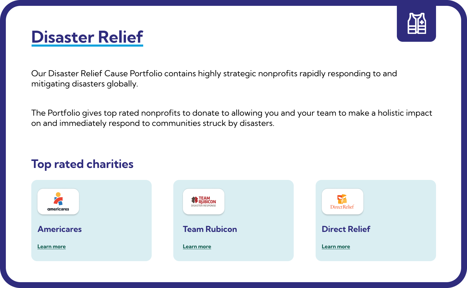 Example Disaster Relief Cause Portfolio showing vetted charities including AmeriCares, Team Rubicon, and Direct Relief, used in Percent Pledge’s disaster relief charity vetting process.