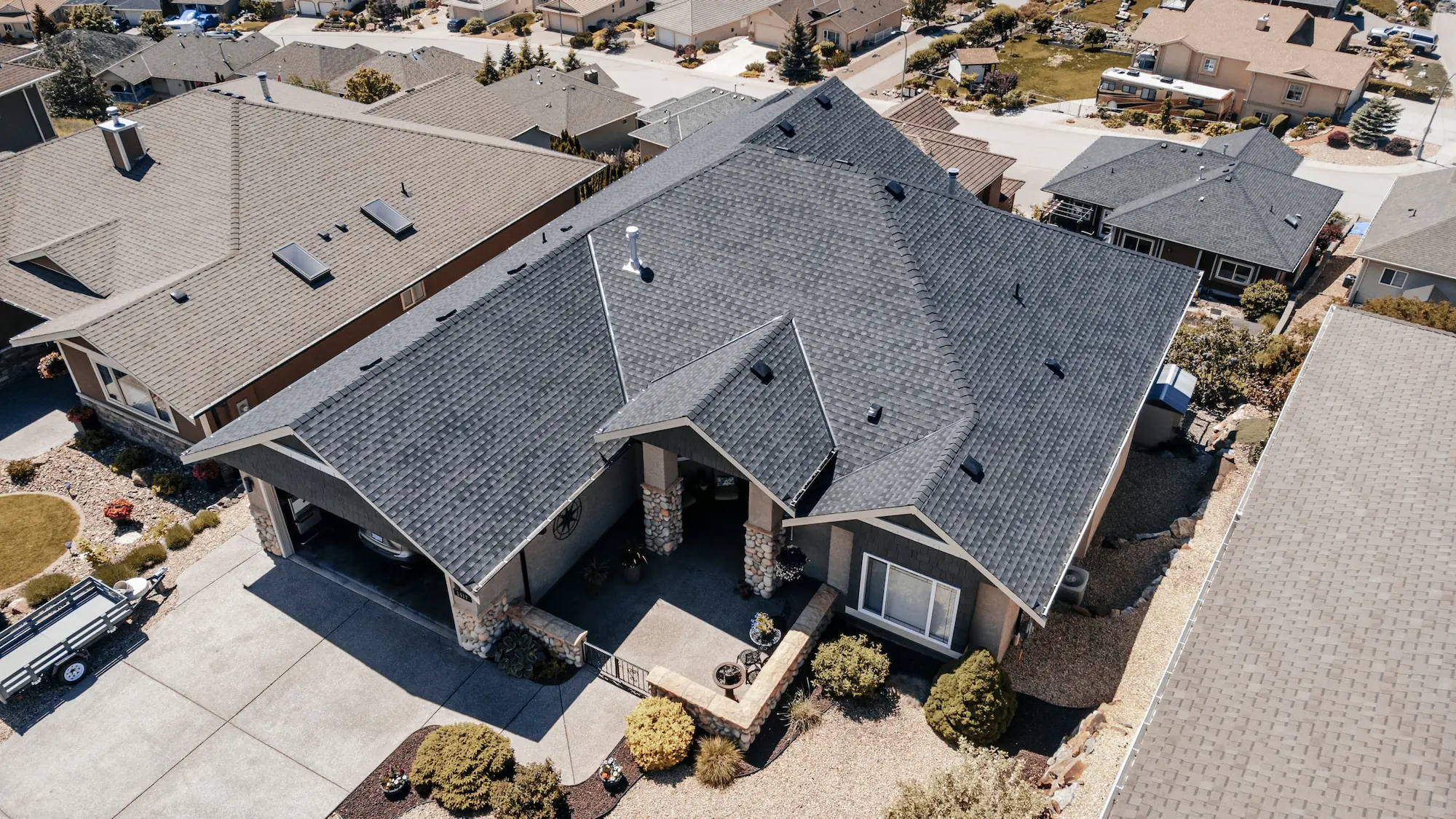 Birds eye view of a new roof completed.