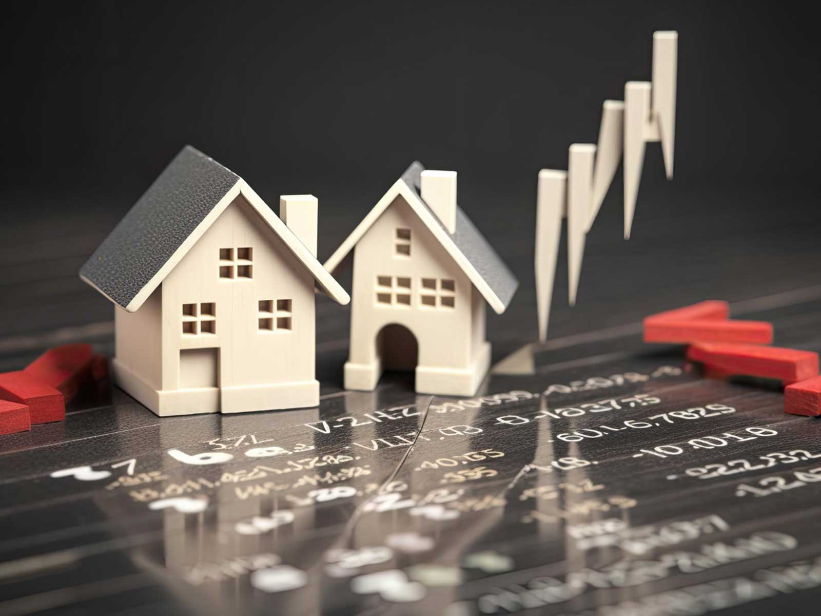 Two model houses beside a rising bar chart made of wooden blocks