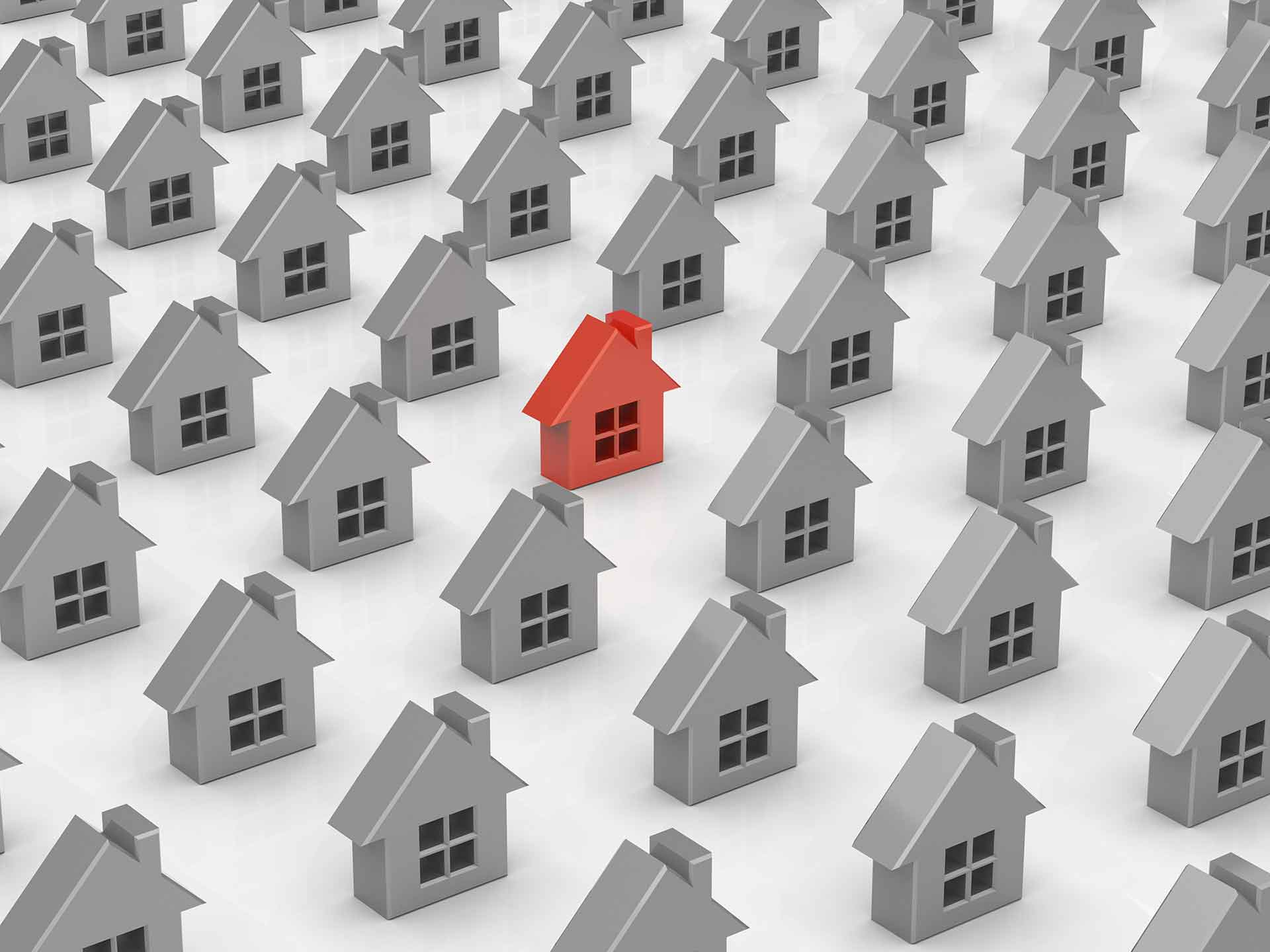 Grid of grey model houses with a single red house standing out