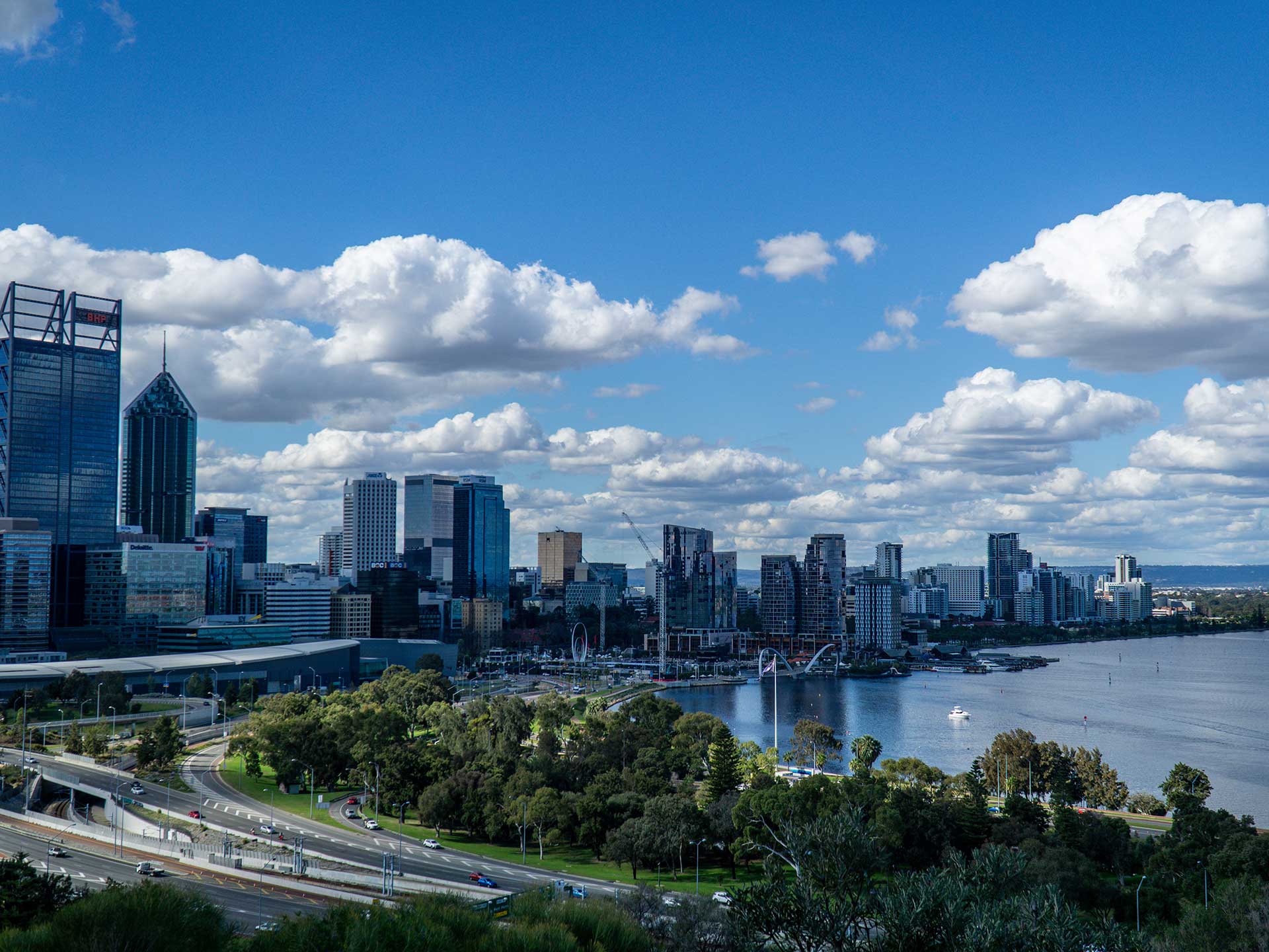 Perth city skyline seen across the Swan River