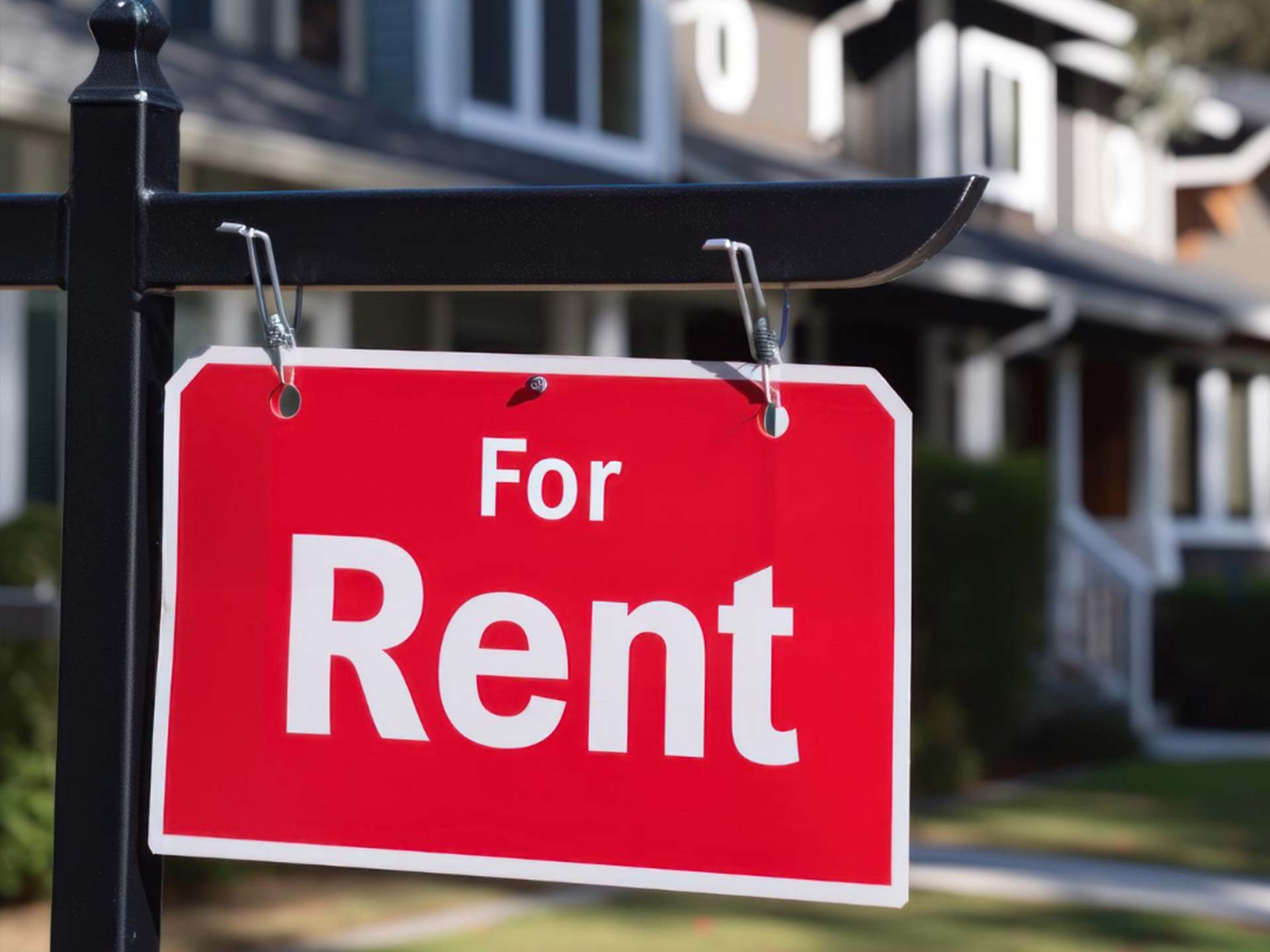 Red 'For Rent' sign in front of a row of townhouses