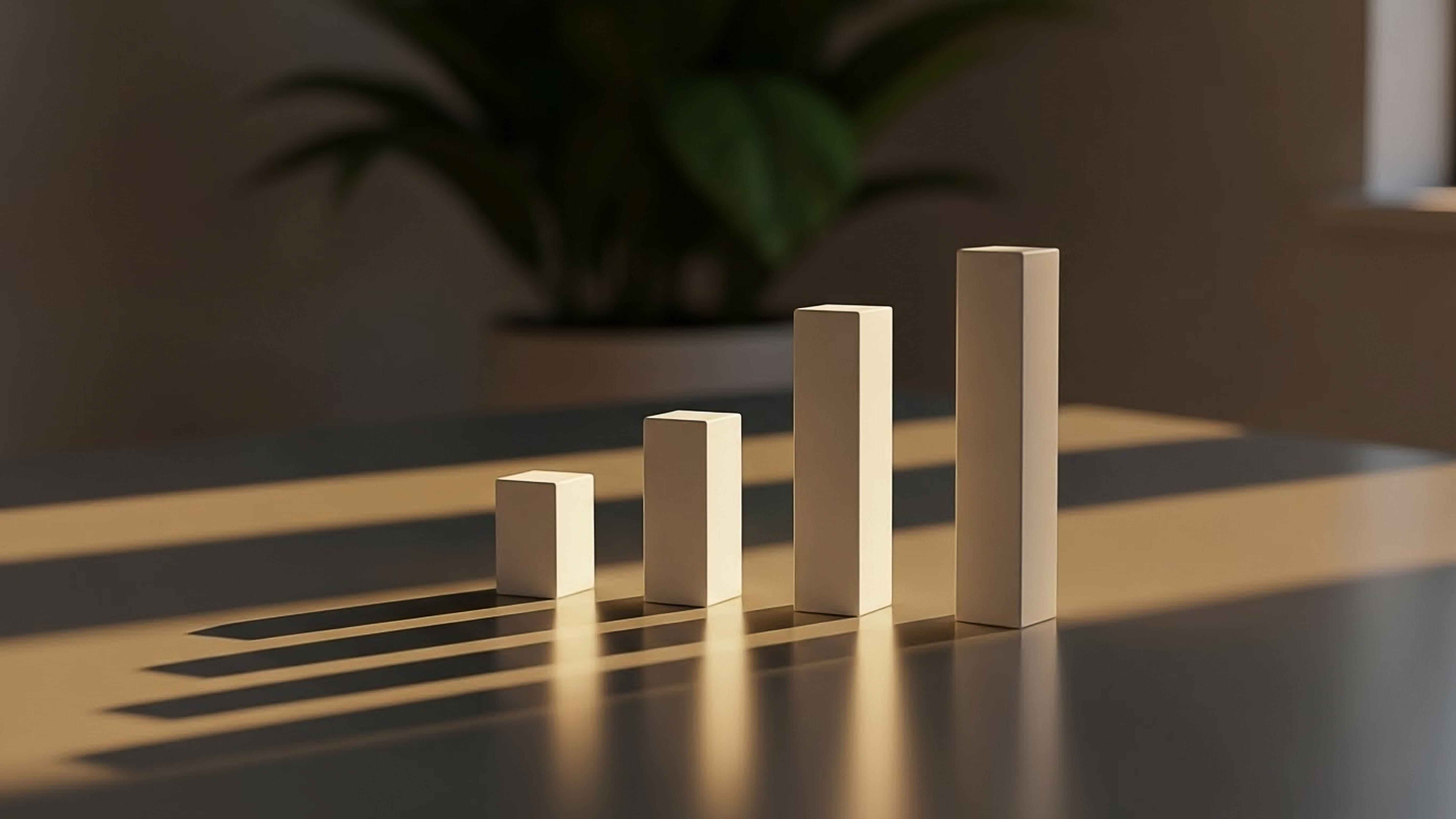 Rising bar chart made of wooden blocks casting long shadows
