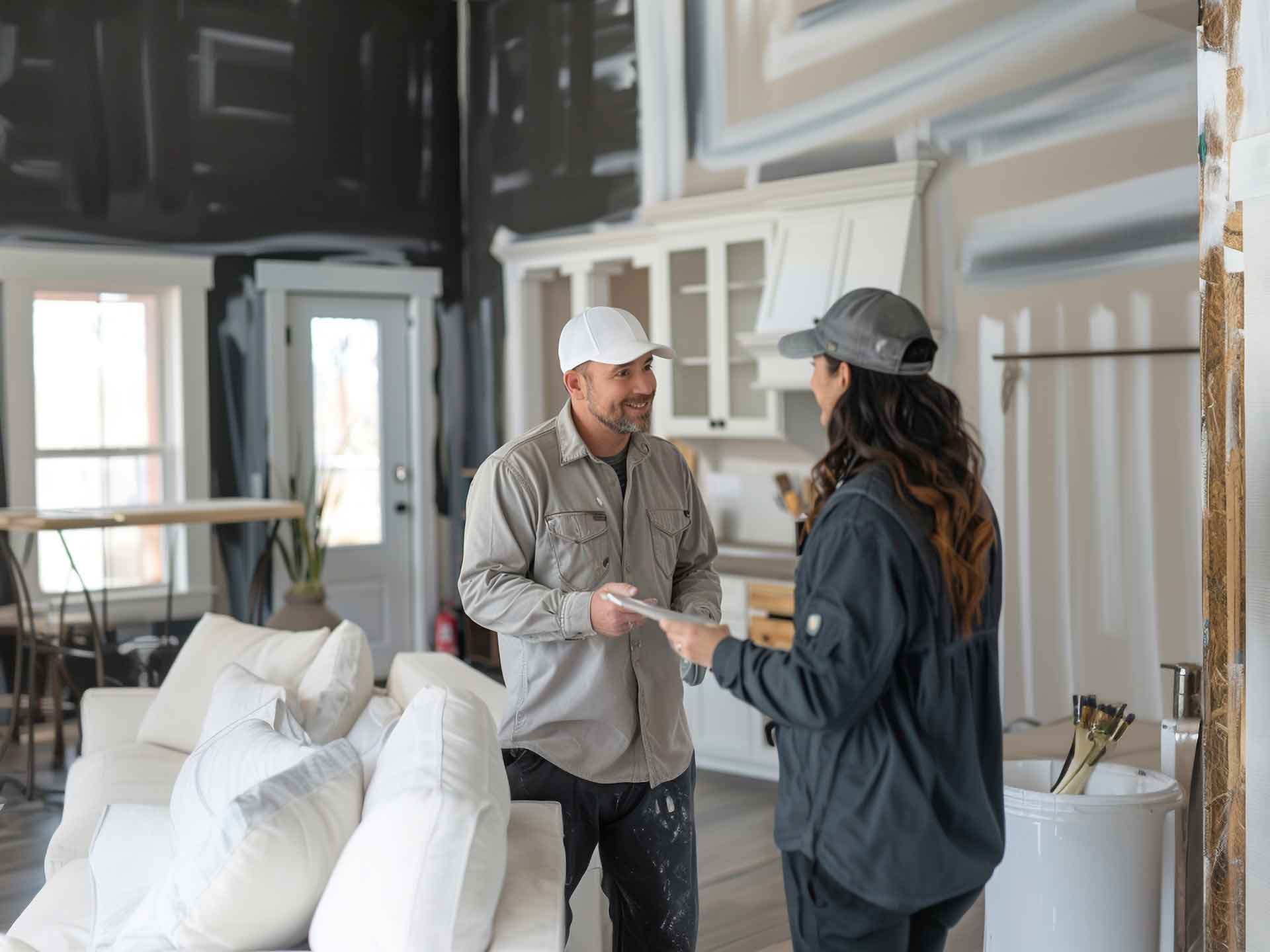 Two tradespeople talking in a room under renovation with furniture covered