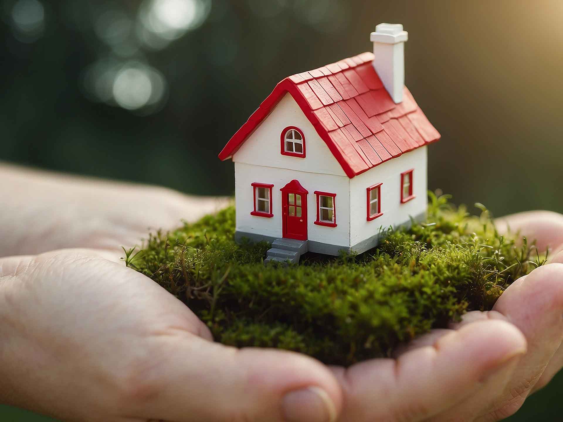 Hands holding a small model house on a patch of moss