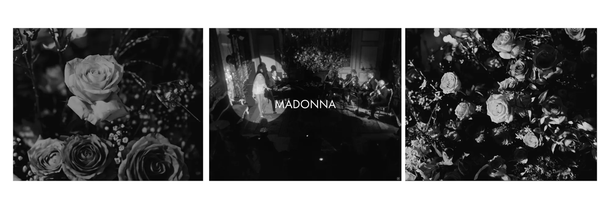 Dolce & Gabbana: the published black-and-white composition of roses, Madonna on set and floral detail.