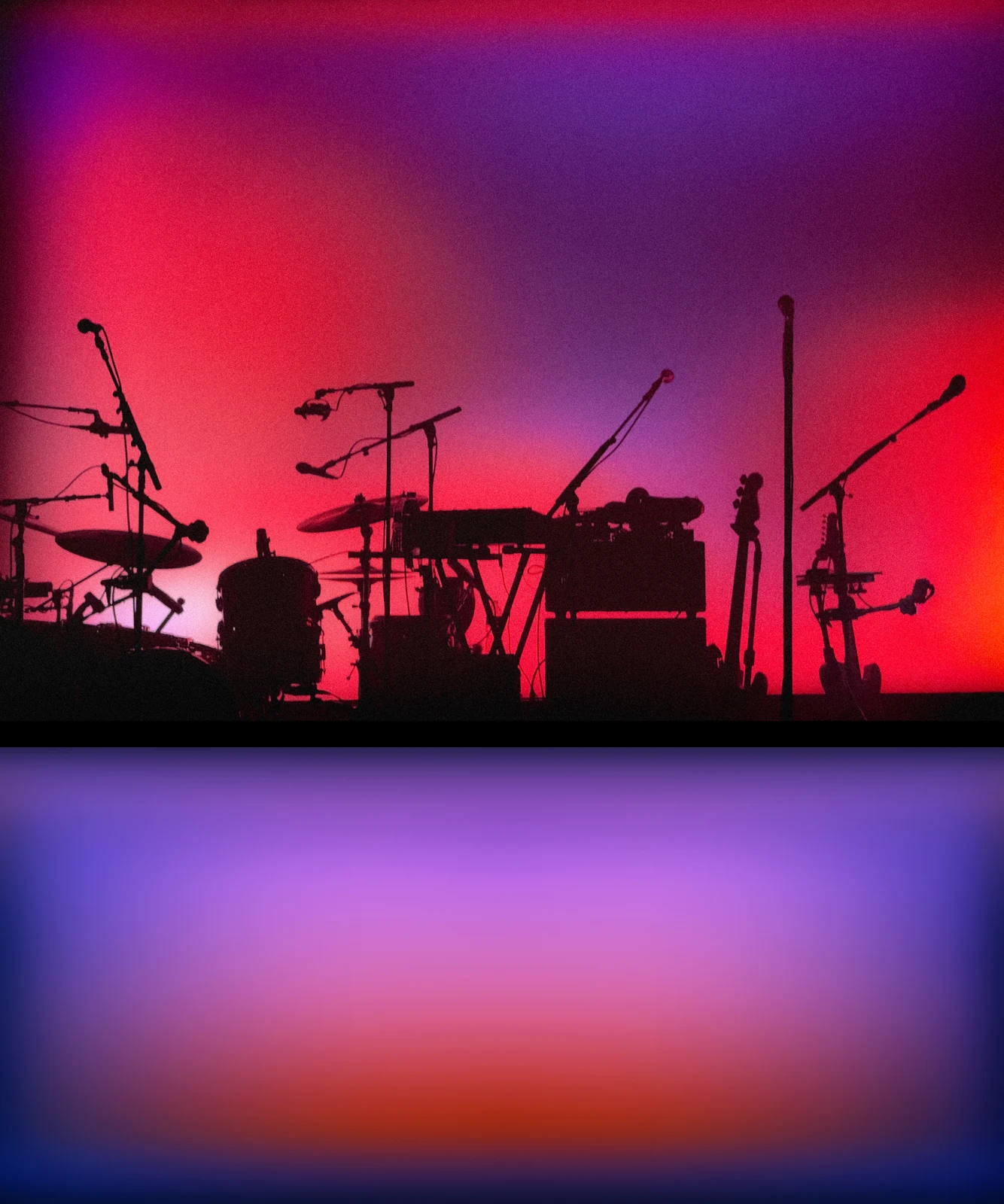 Red and violet stage imagery above a soft colour-gradient study.