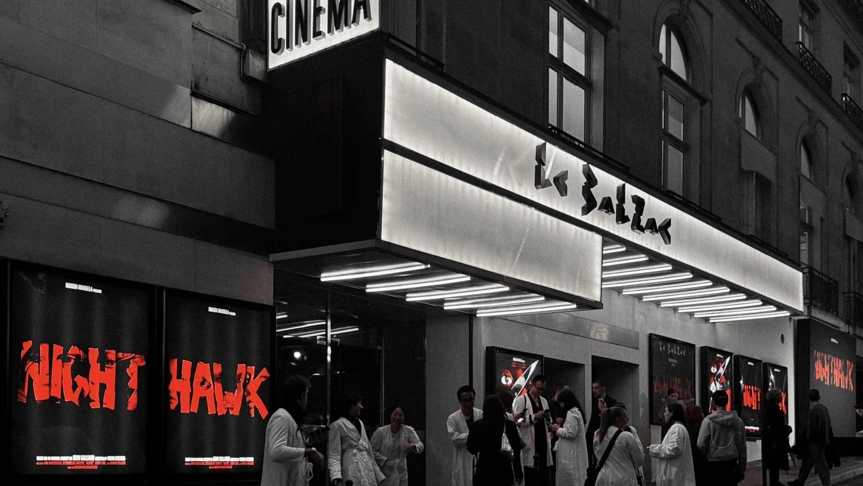 Nighthawk at the exterior of Cinema Le Balzac, Paris.