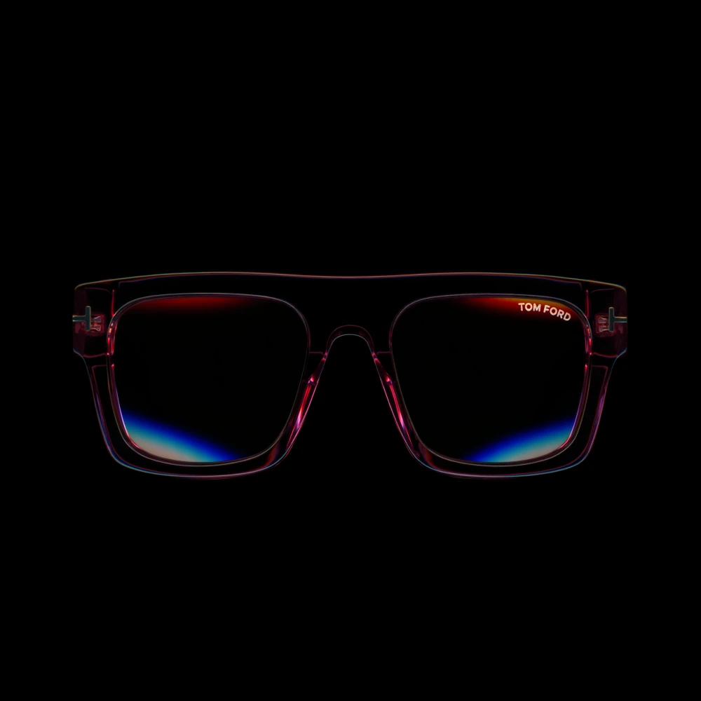 Dark red Tom Ford frames against black.