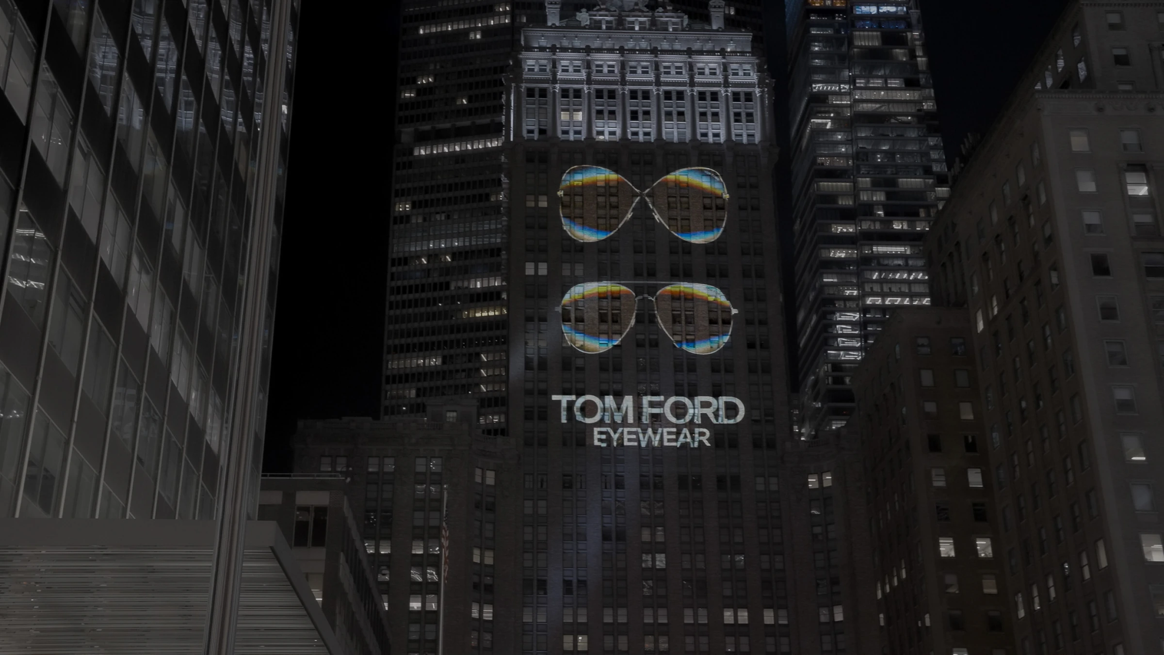 Tom Ford Eyewear projected across New York’s Helmsley Building, framed by the surrounding skyscrapers.