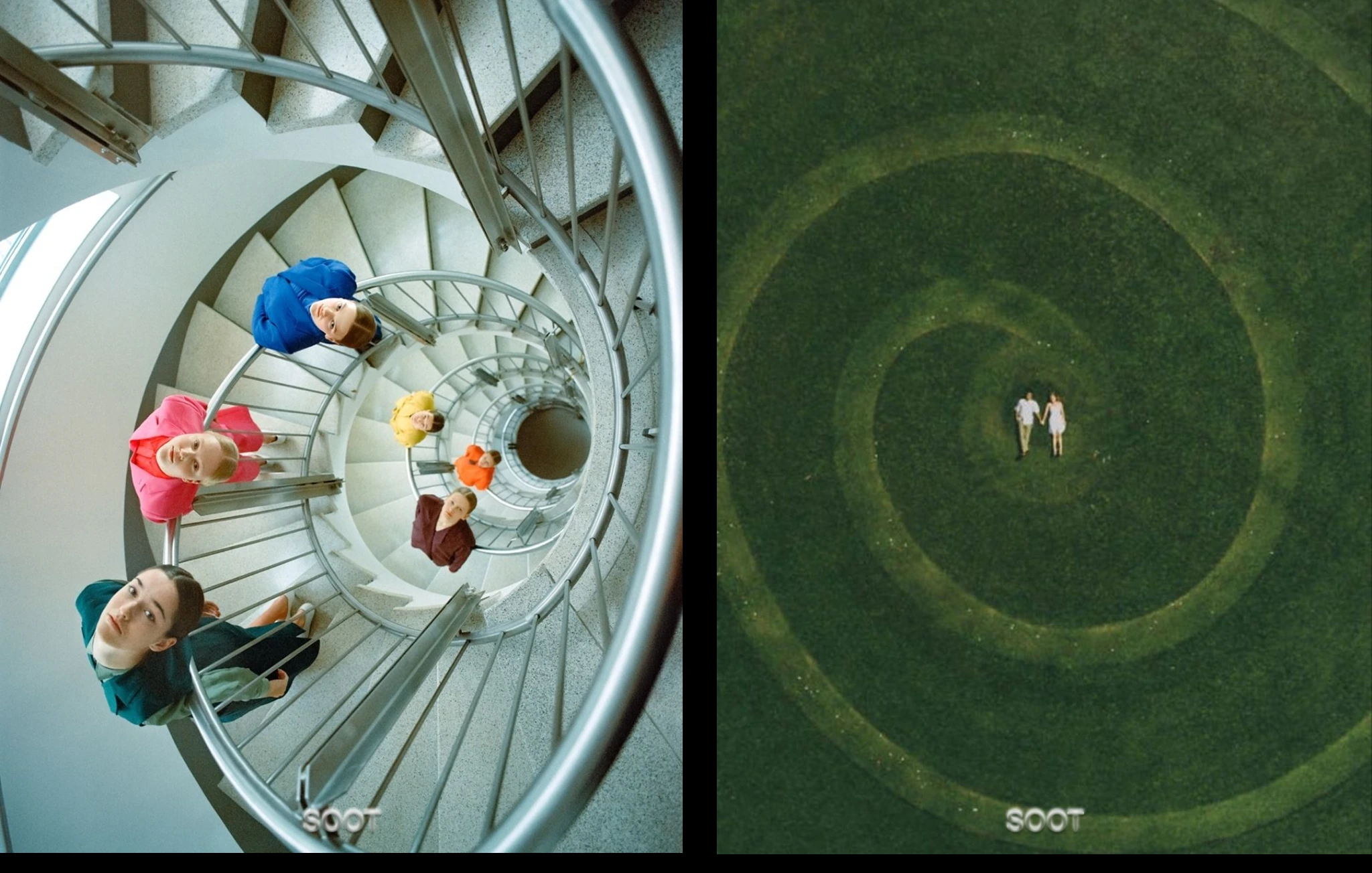 SOOT visual research: a spiral staircase and circular forms in a green landscape.