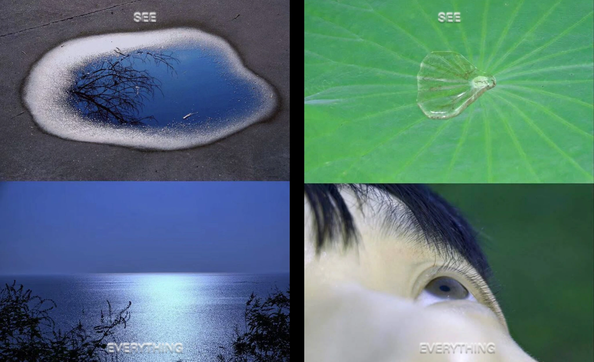 SOOT visual research: reflections, a water droplet, blue light and an eye.