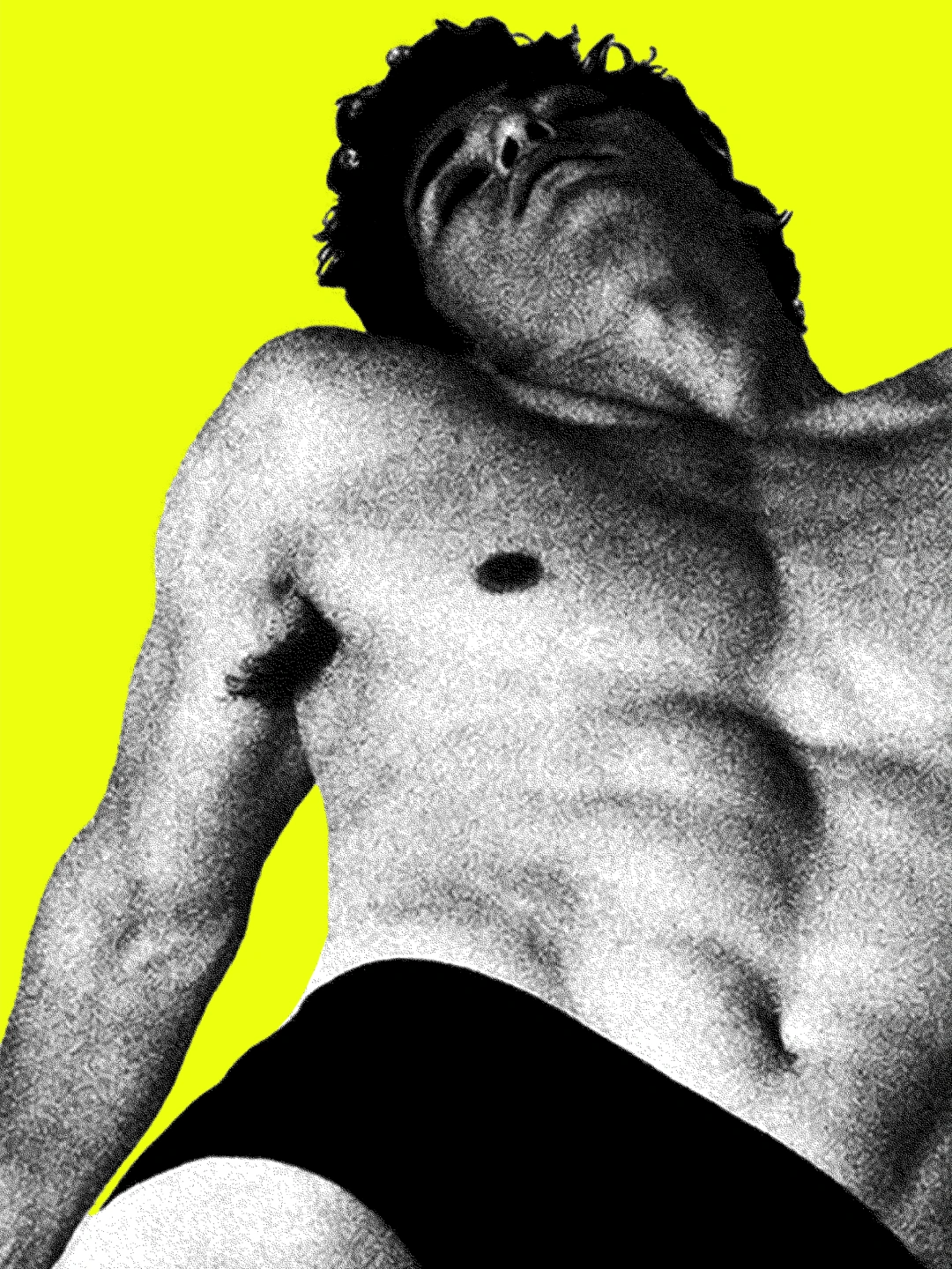 SOOT: tilted portrait and torso in monochrome against acid yellow.