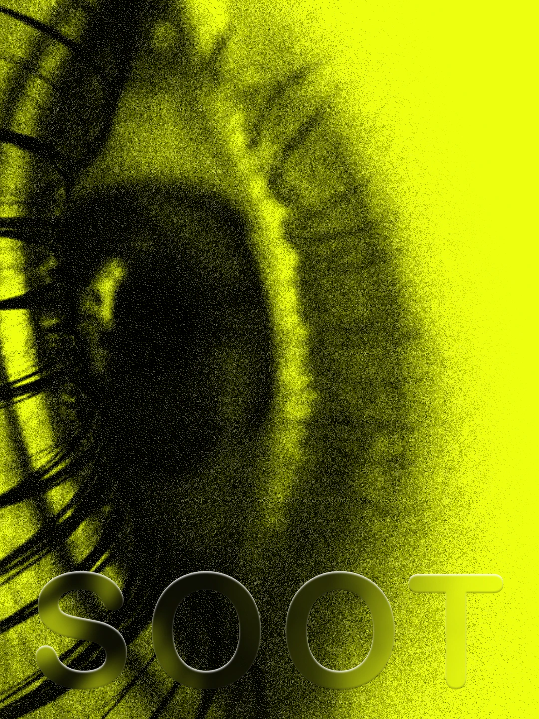 SOOT: close-up of an eye in acid yellow with a large embossed wordmark.