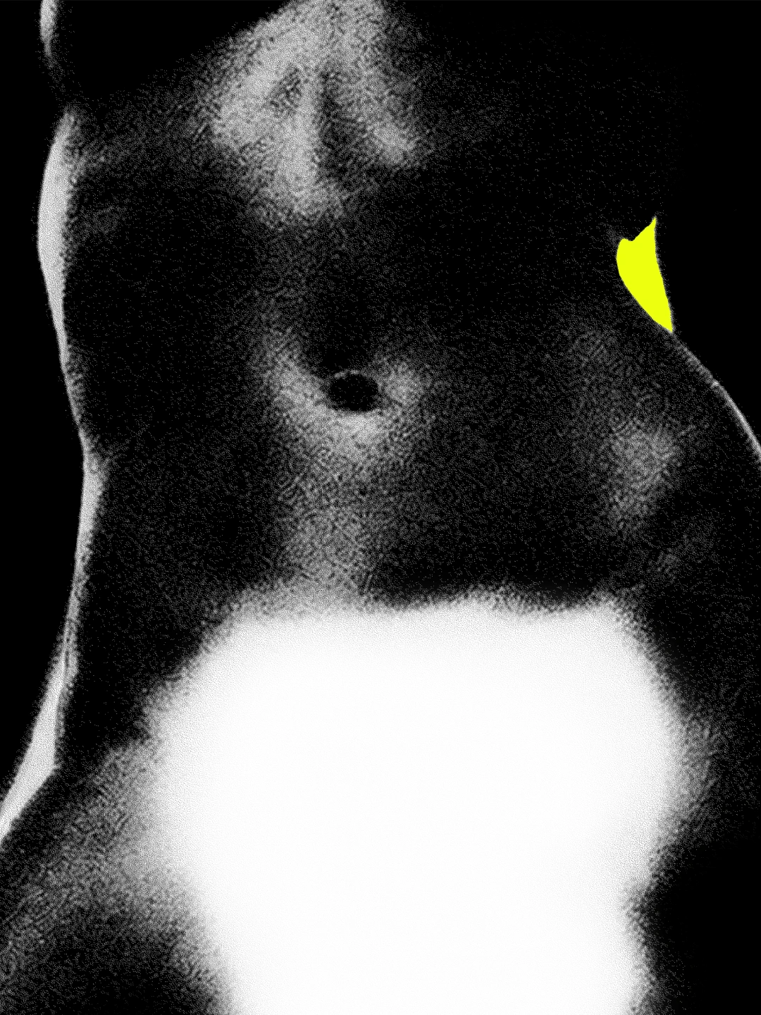 SOOT: grainy monochrome torso, cropped as an abstract graphic form.