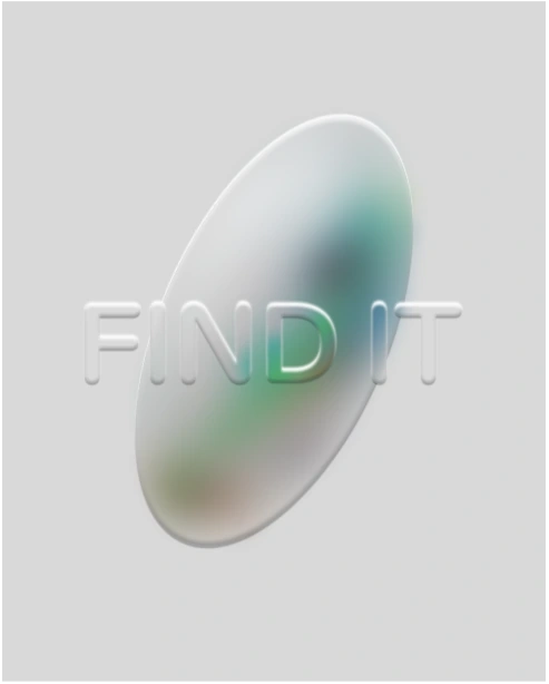 SOOT: Find It, an iridescent form with embossed typography.