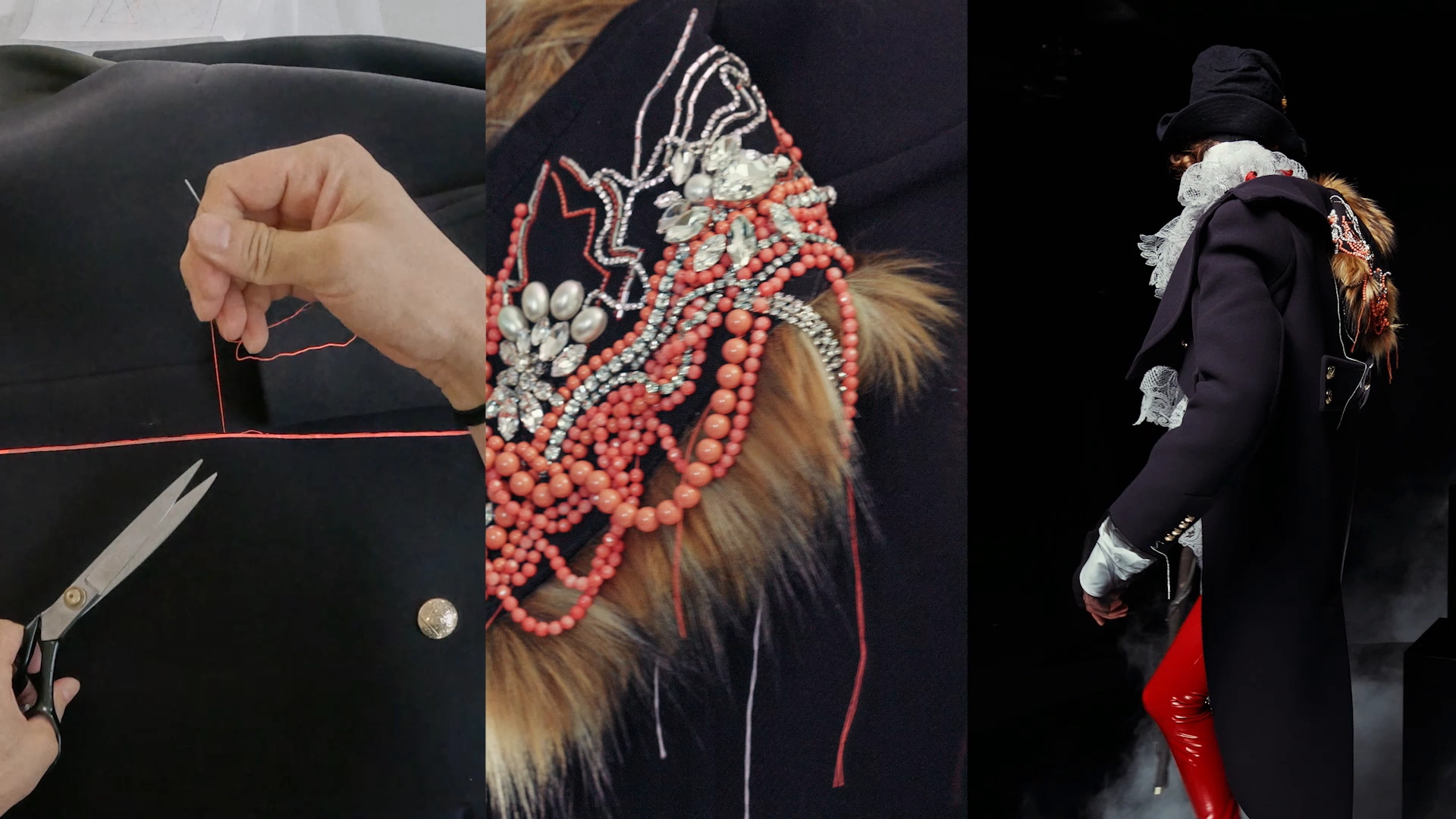 A technique-film sequence connects hand stitching, red and silver beading, and the embellished coat in performance.