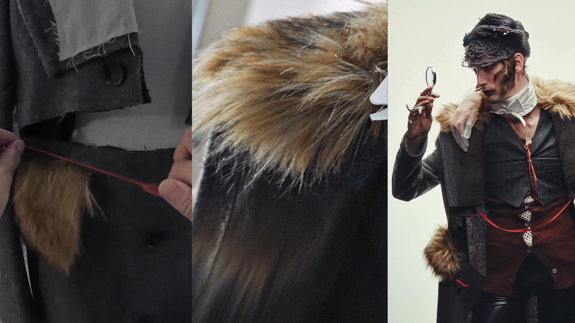A technique-film sequence connects garment construction, a fur collar and an upright character holding a magnifying glass.