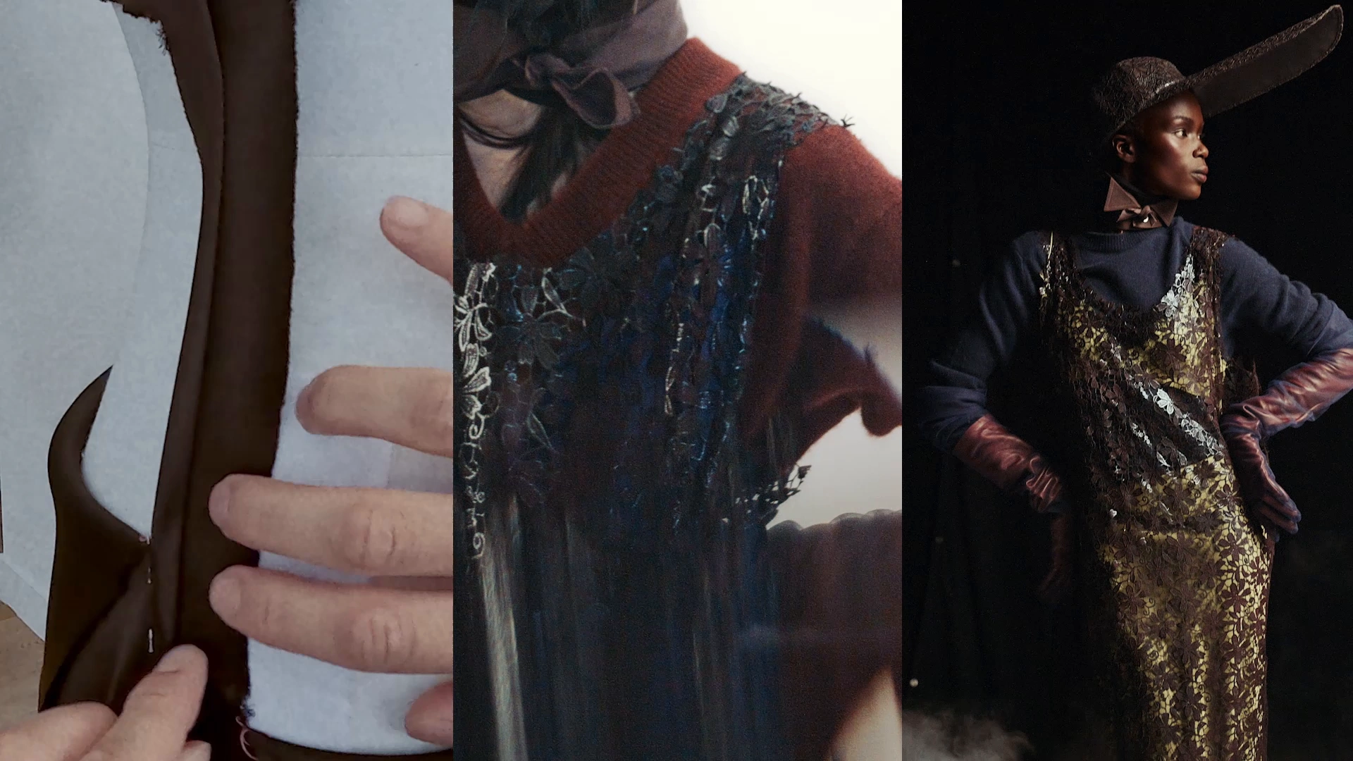 A technique-film sequence connects pattern cutting, lace detail and a closer portrait of the finished character.