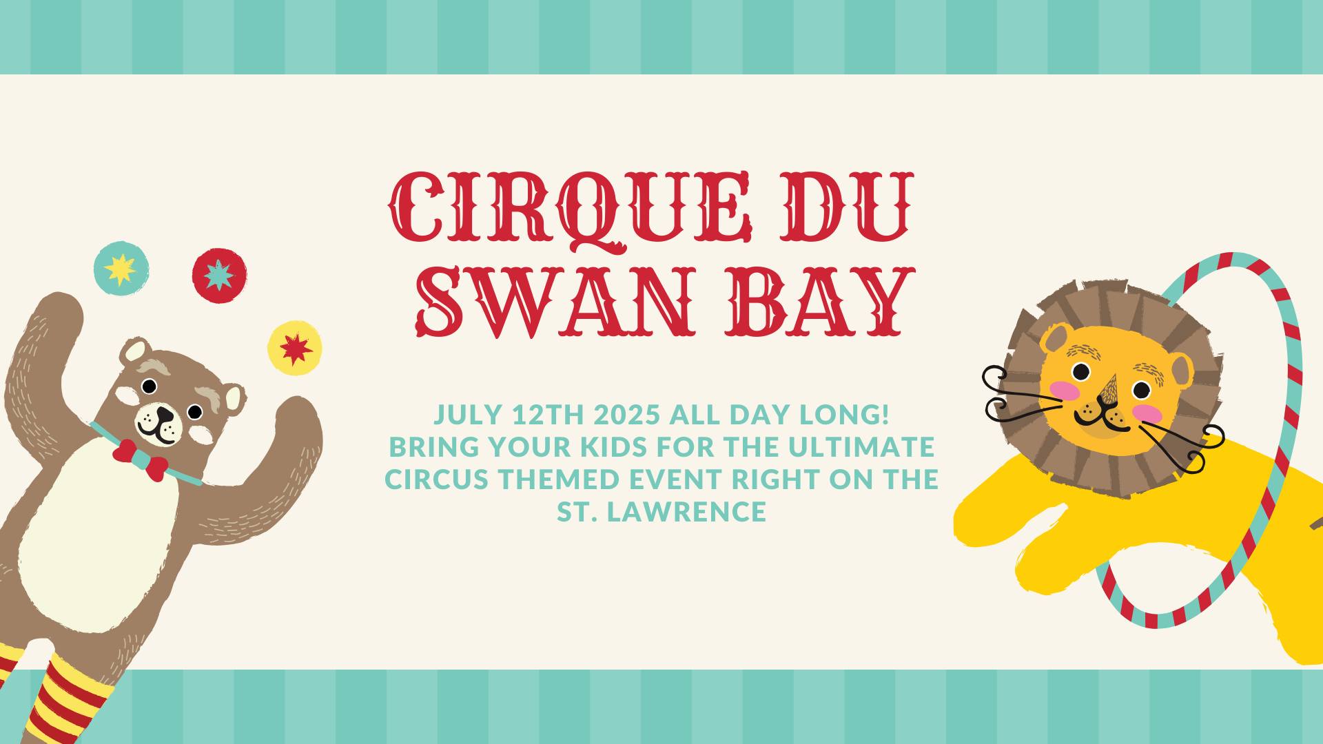 Cirque du Swan Bay 2025: A lively, colorful circus scene with a bounce house, games, and happy families.