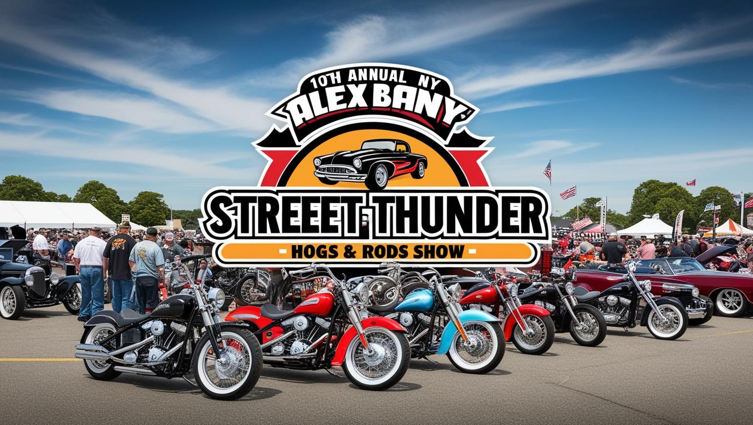 Scene of classic cars and custom motorcycles at the 10th Annual Hogs & Rods Show in Alex Bay, NY, 2025.