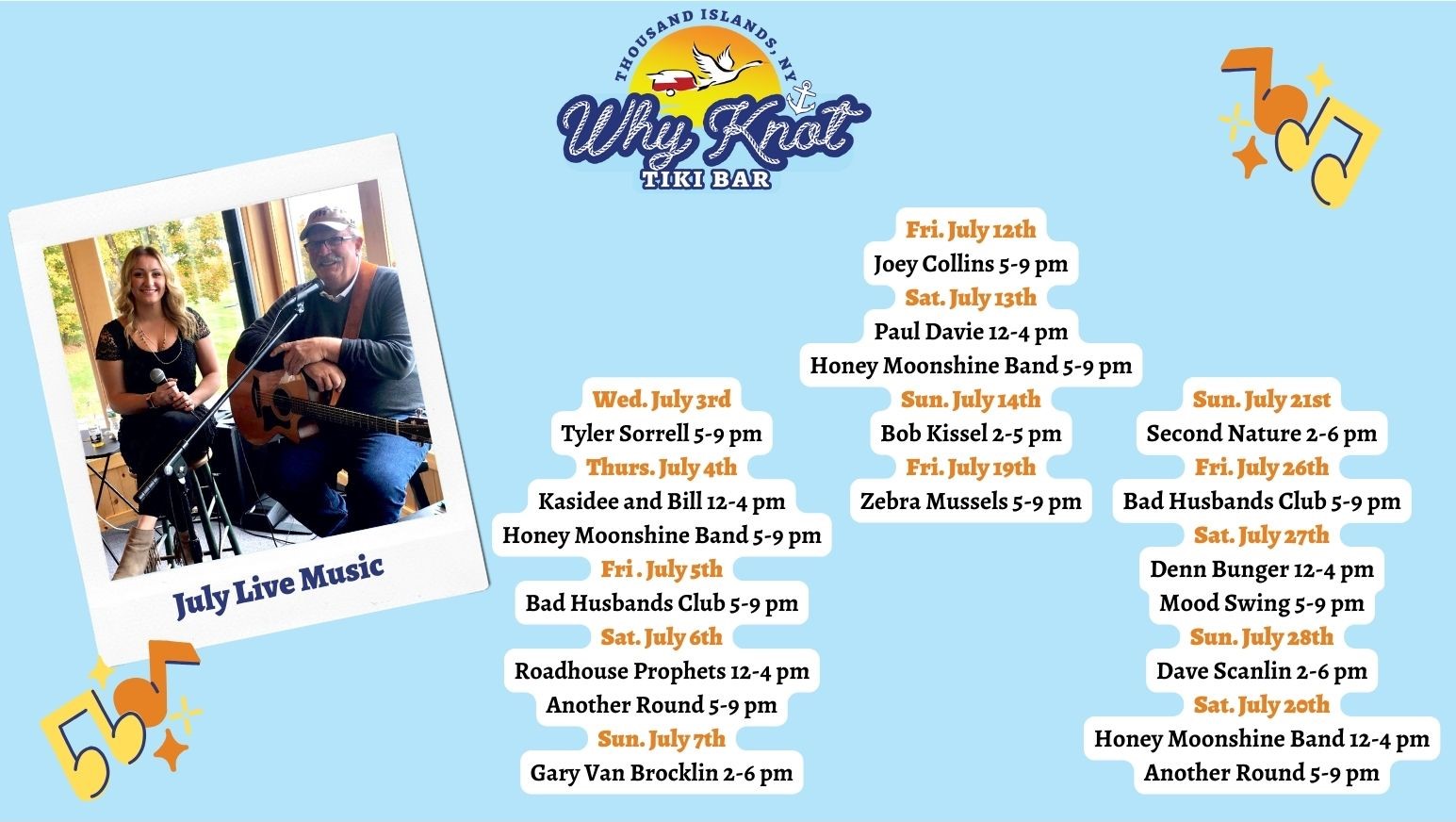 July Live Music Schedule 2024: A vibrant outdoor concert scene with a band performing for a lively crowd by the water.