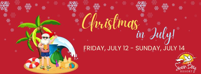 Christmas in July 2024: Santa hat, festive decorations, and summer fun by the water.