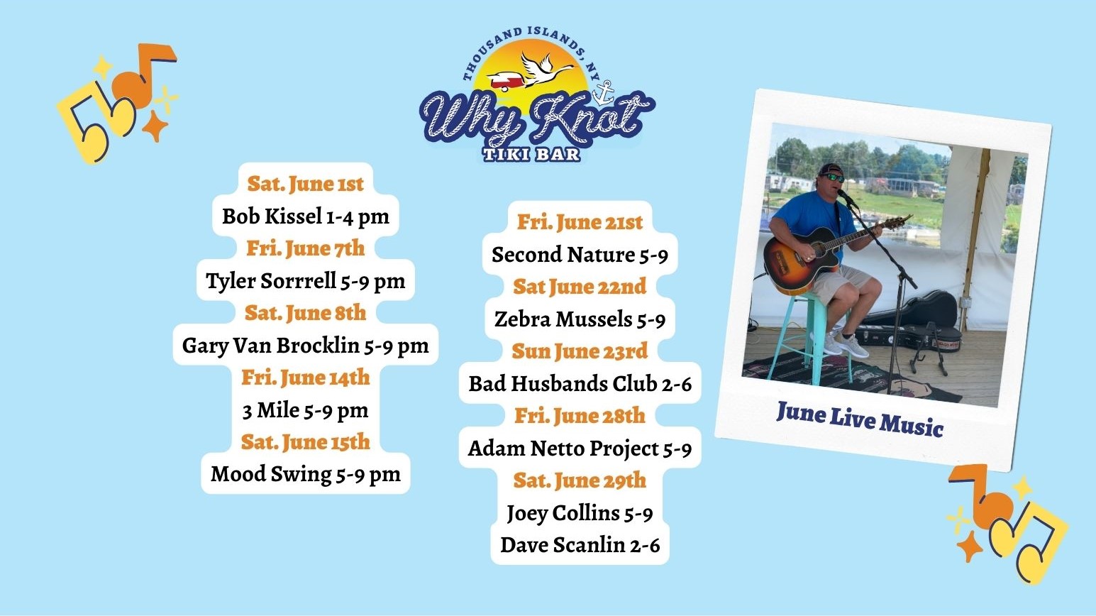 June Live Music Schedule 2024: Performers on stage, audience enjoying the show.