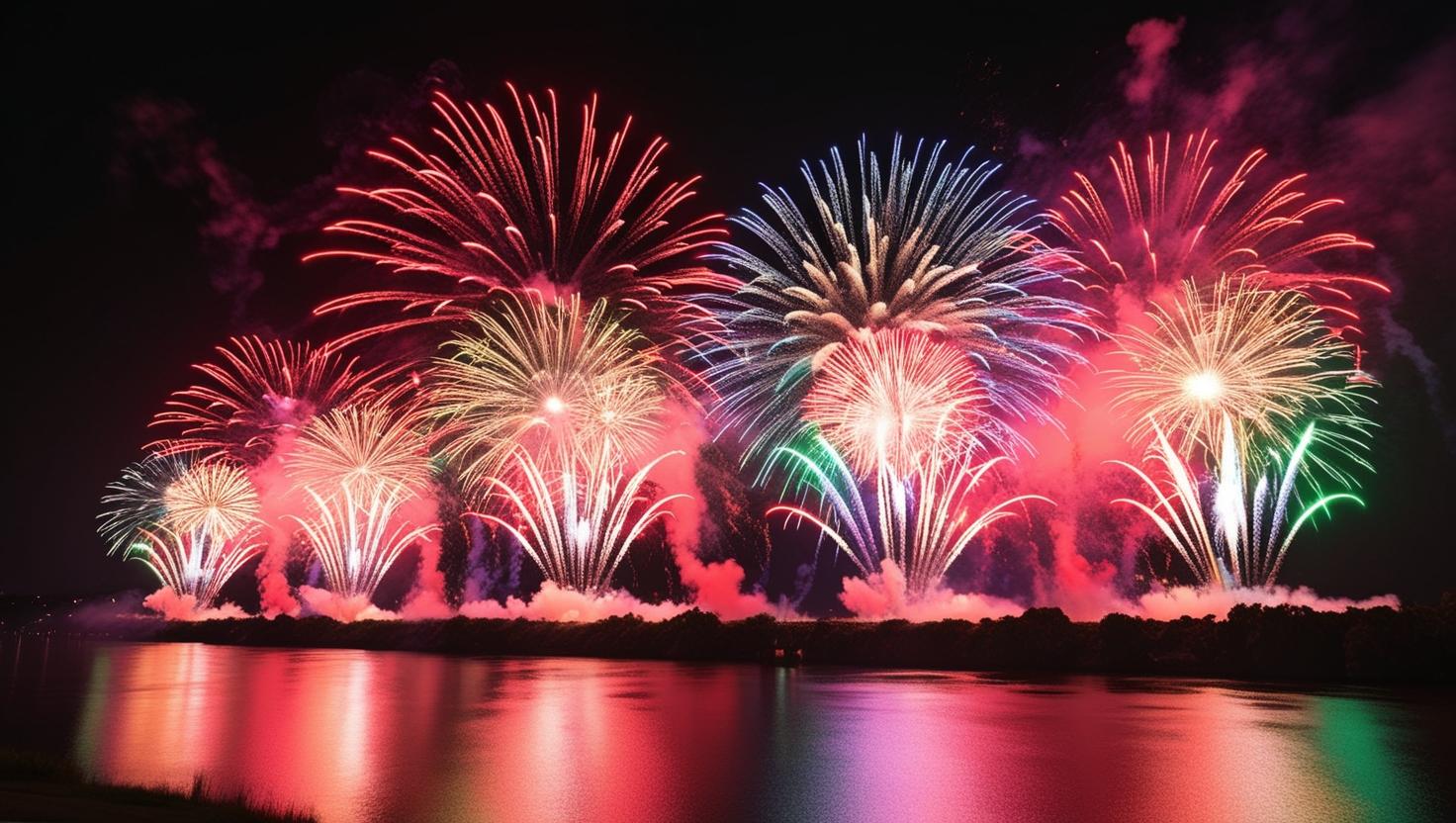 Alex Bay Fireworks 2025: A stunning display erupts over Boldt Castle at night, reflecting in the water.