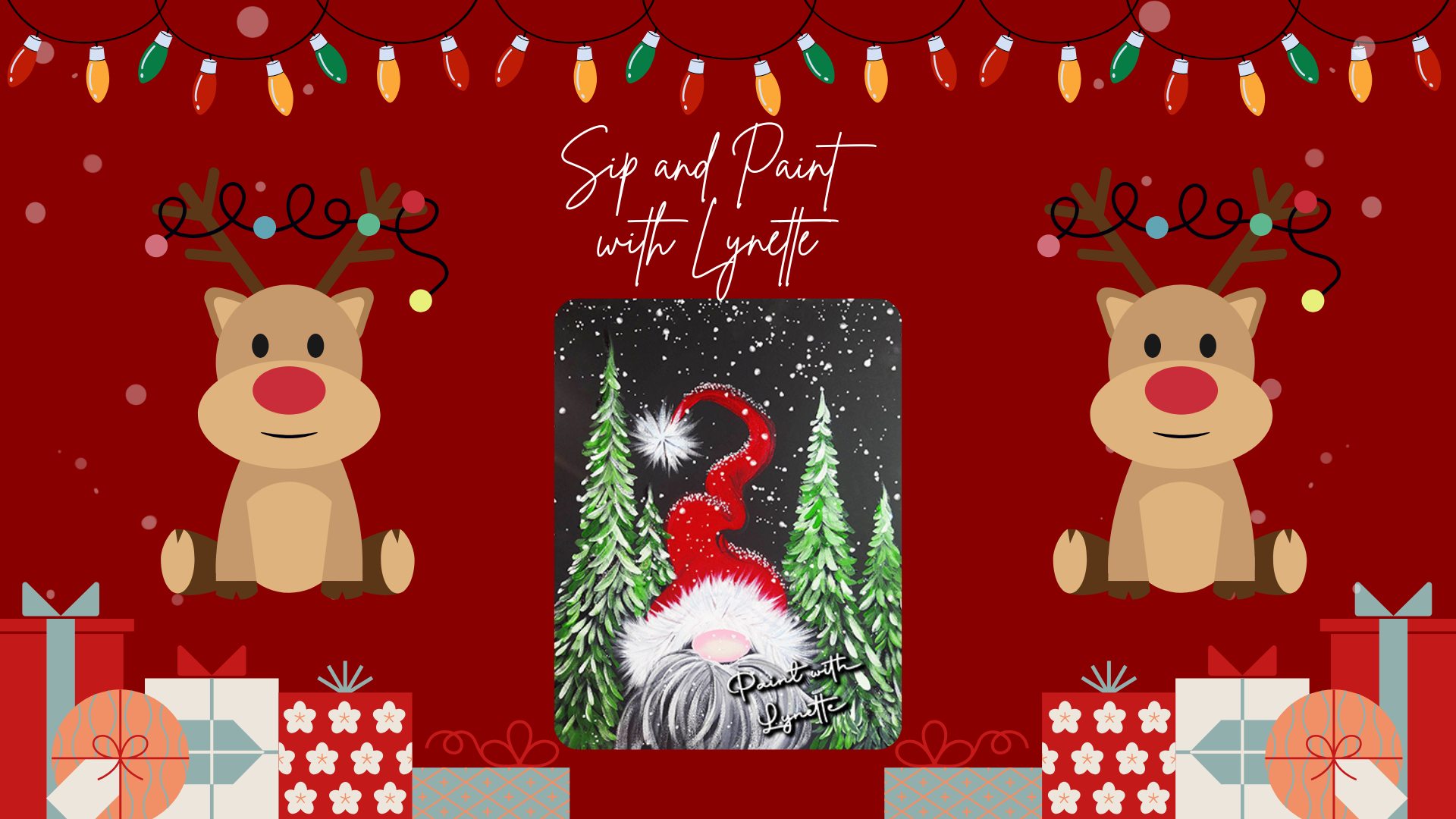 Sip & Paint with Lynette Christmas gnome painting July 25, 2025: A festive painting event in a cozy environment.