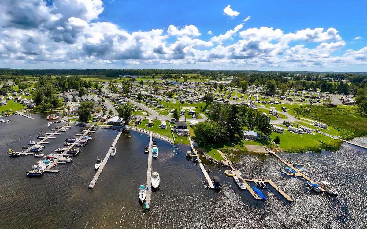 Marina endcap dock at slip 300 boat tour departure point at Swan Bay Resort in Alexandria Bay New York