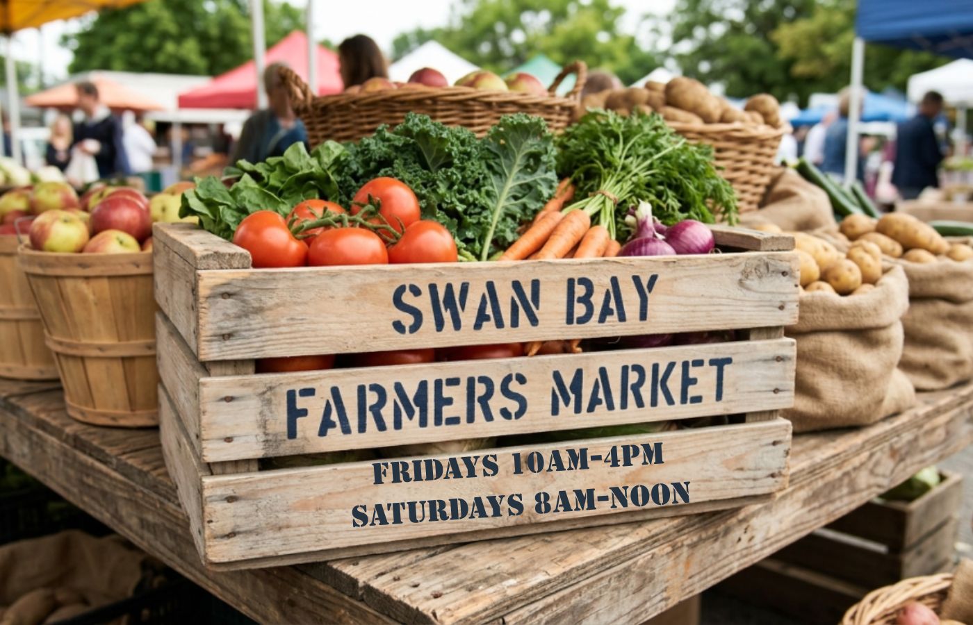 The Farmers Market Friday at Swan Bay Resort with vendor stalls, fresh produce, and shoppers enjoying the marina view.