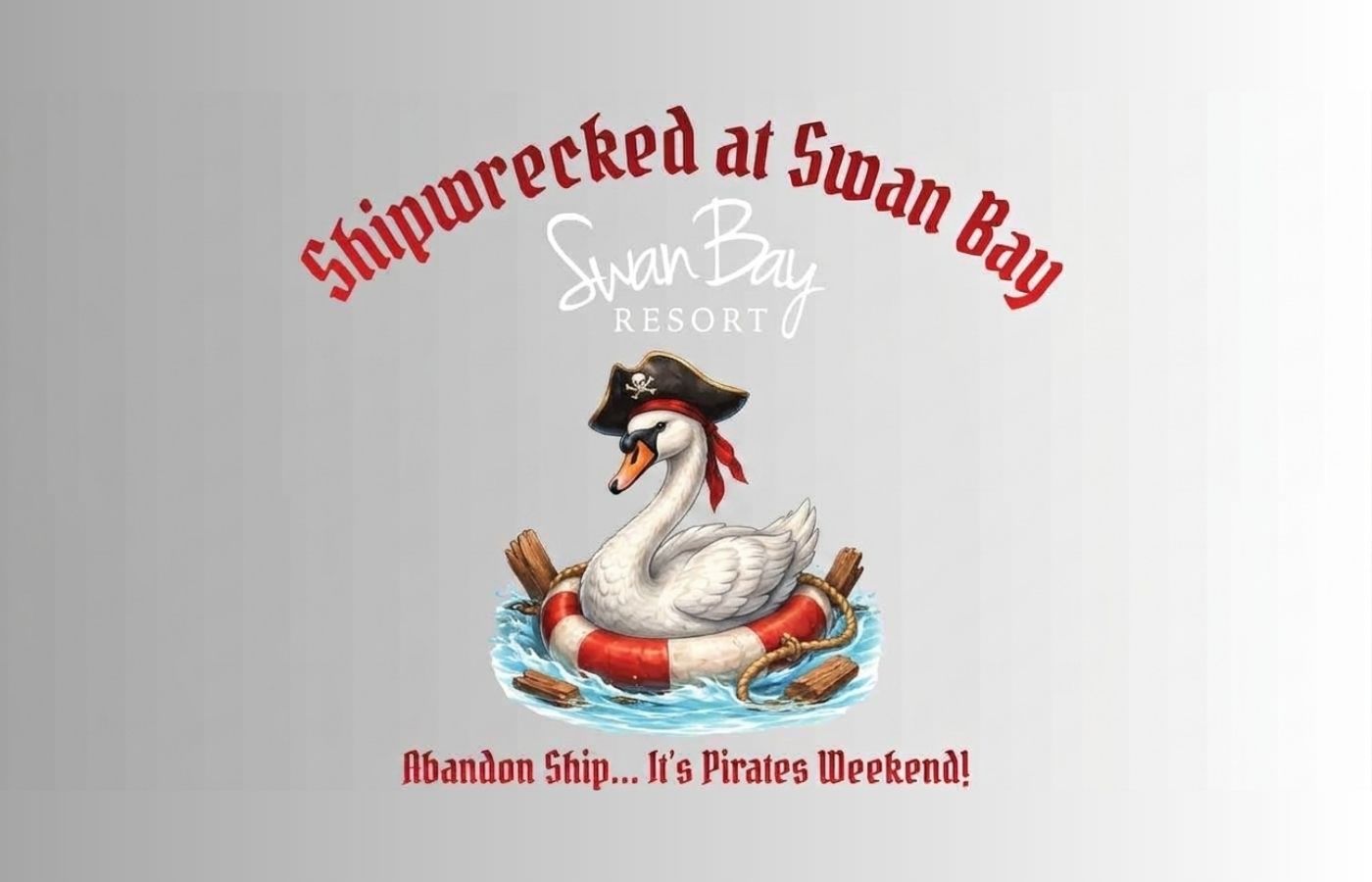 Pirate-themed Shipwrecked party with costumes, games, and treasure hunts at Swan Bay Resort.