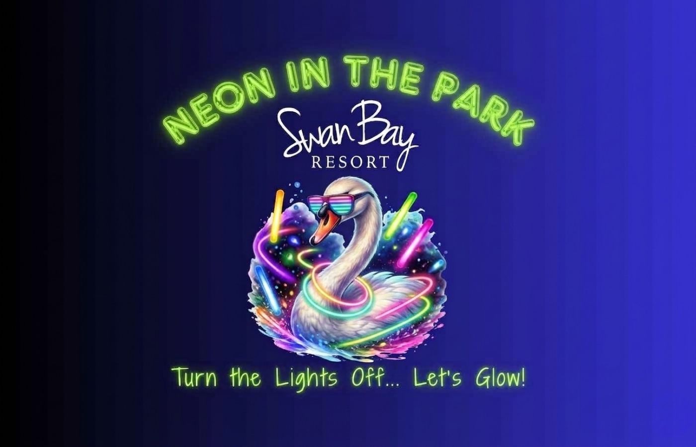 Neon-lit nighttime party with glowing decor, music, and dancing at Swan Bay Resort & Marina.