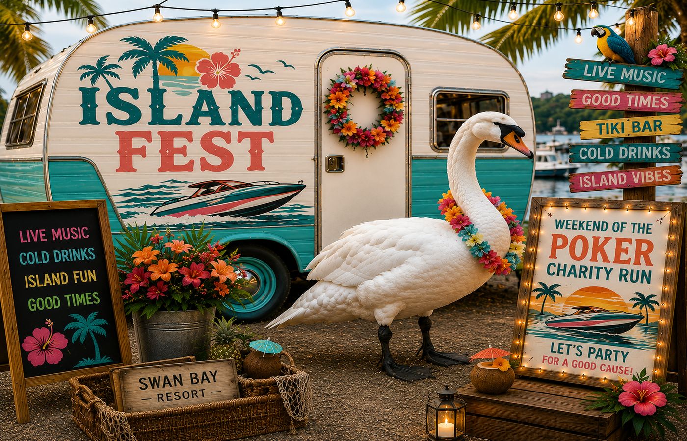 Tropical Island Fest party with live music on the lawn at Swan Bay Resort during Poker Run weekend.