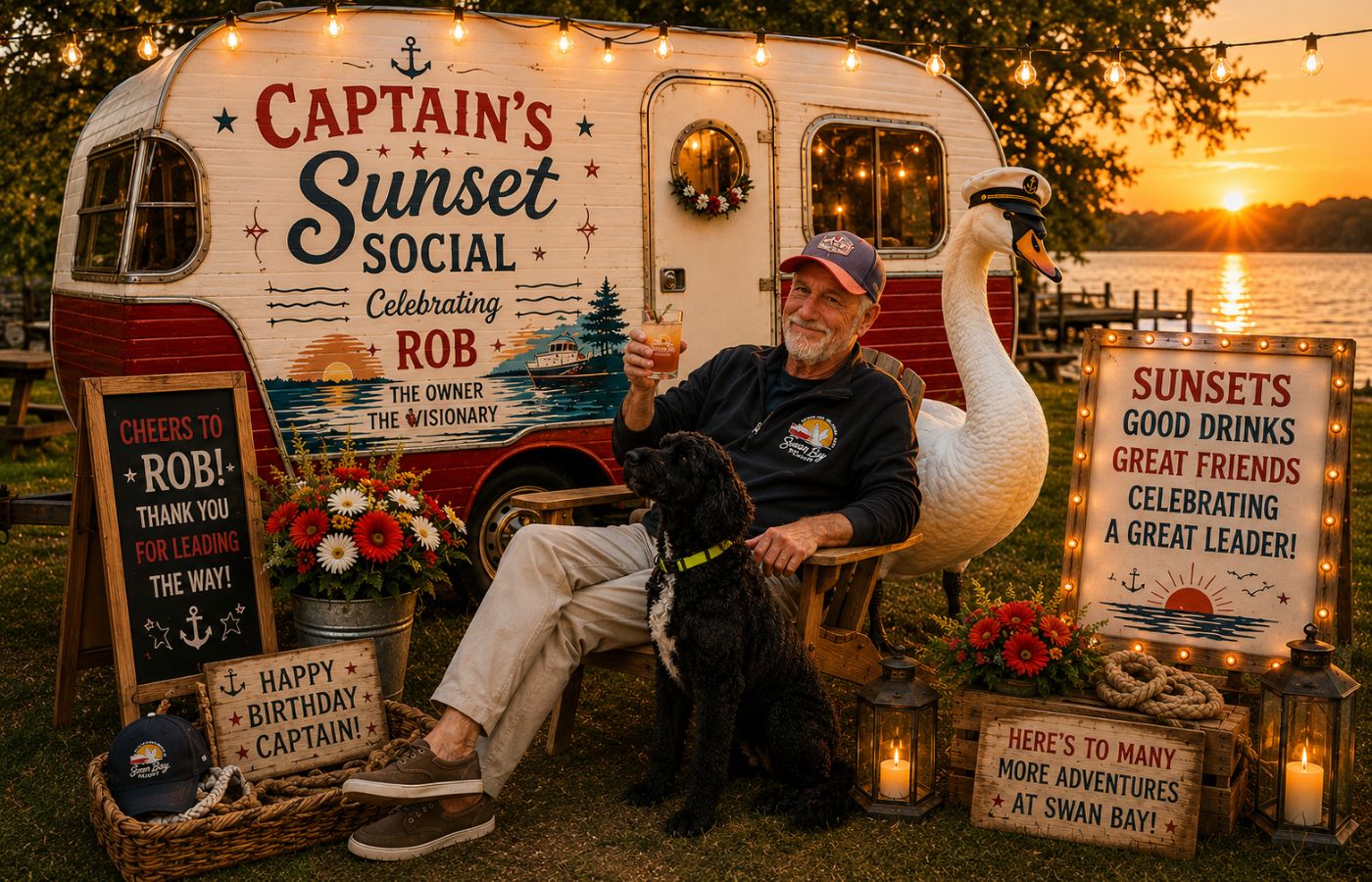 Captain's Sunset Social with drinks and waterfront sunset views on the terrace at Swan Bay Resort.