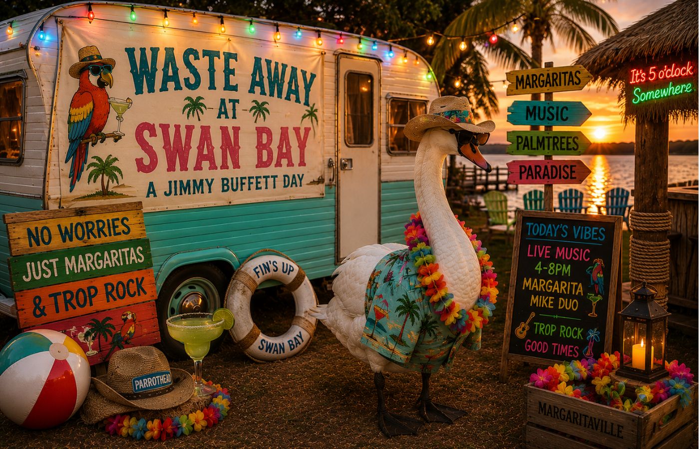 Waste Away at Swan Bay with island vibes, margaritas, and live music on the waterfront patio.