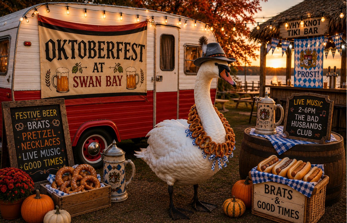 Oktoberfest celebration with German beer, brats, and live music at Swan Bay Resort & Marina lawn.