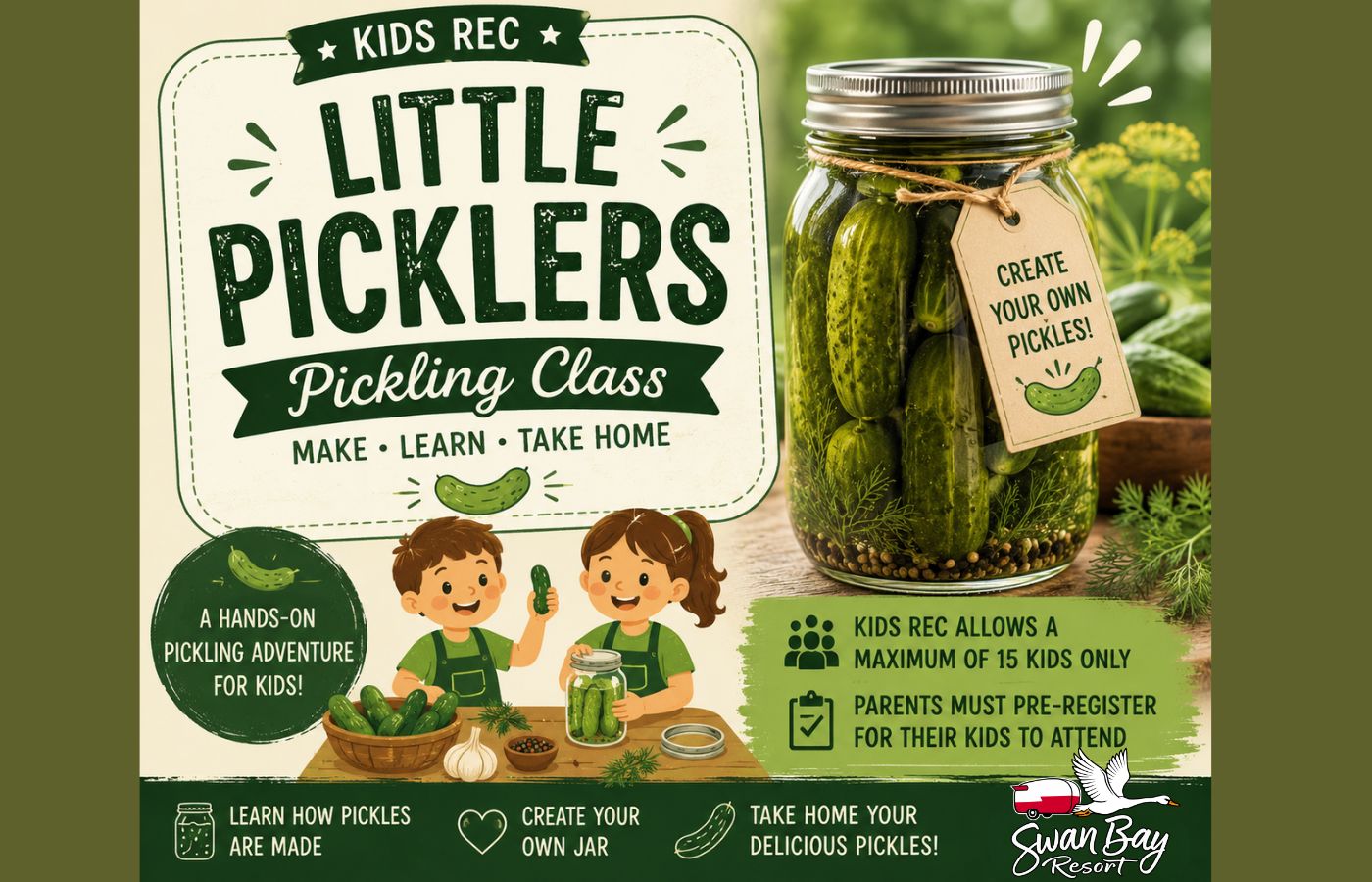 Kids making pickles at Swan Bay Resort's Kids Rec