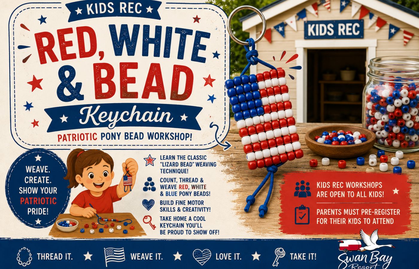 Kids creating Red White and Blue Keychains at Kids Rec
