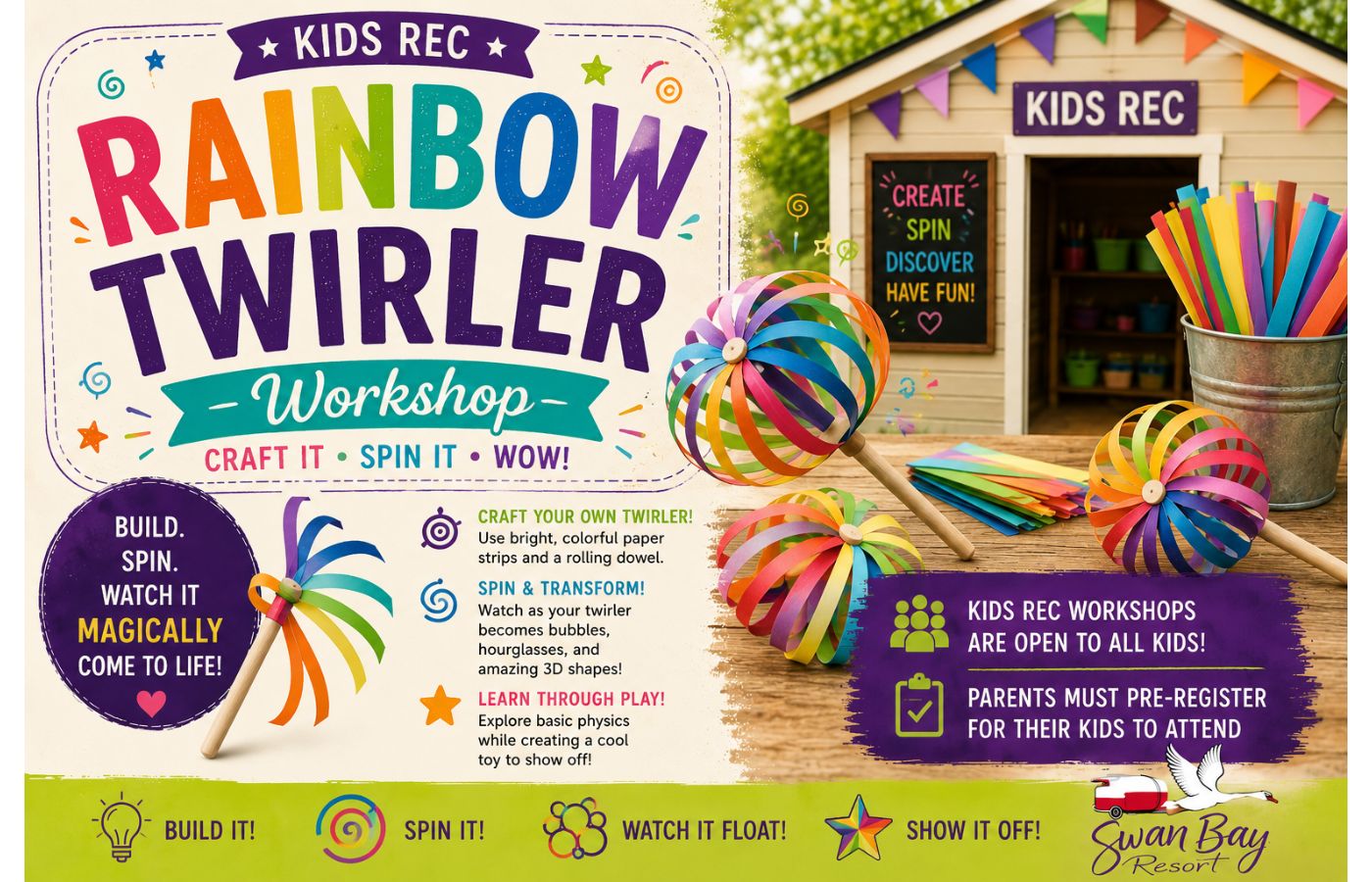 Kids creating Rainbow Twirlers at Swan Bay Resort's Kids Rec