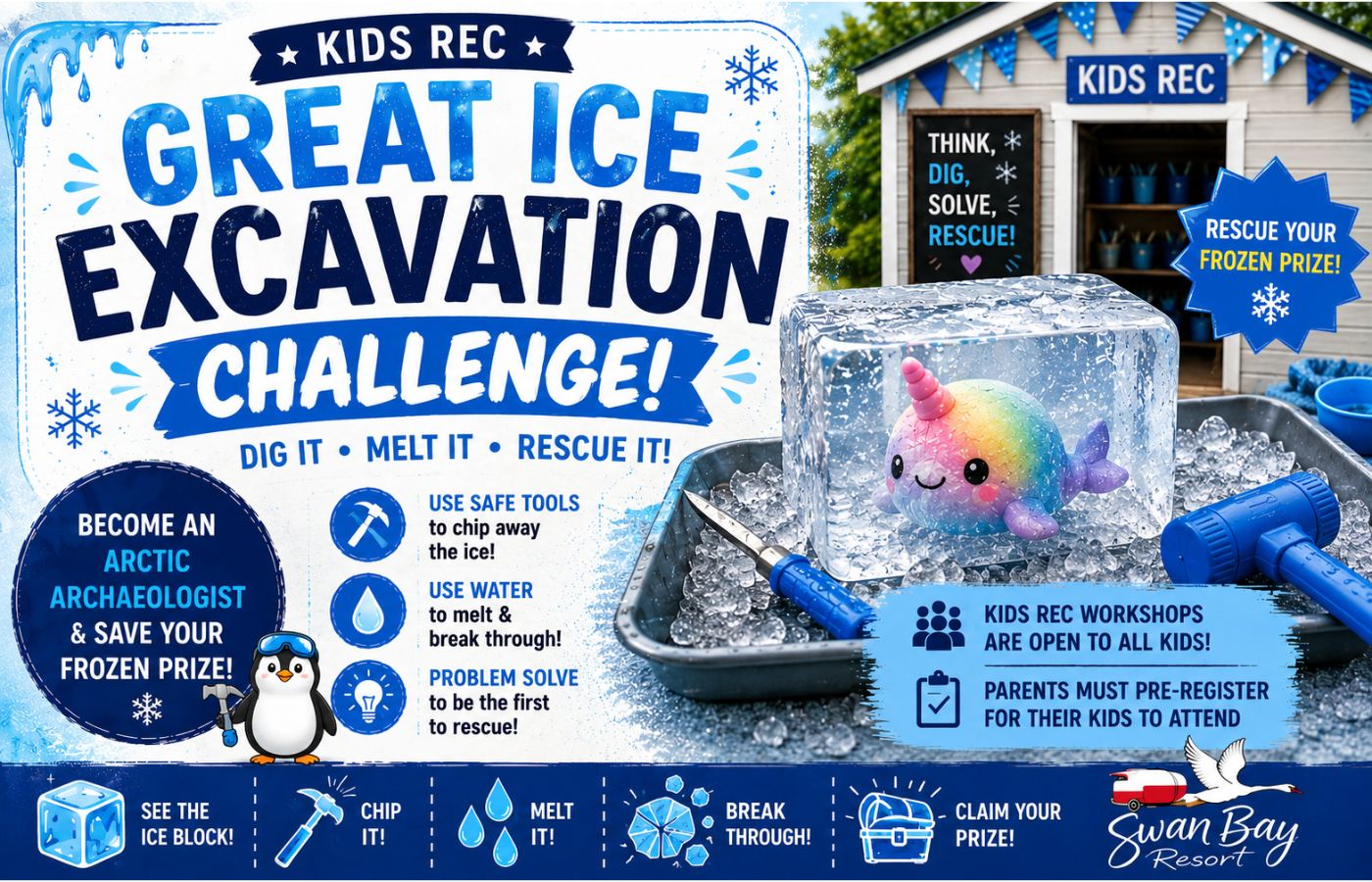Kids Participating in the Great Ice Excavation Challenge at Swan Bay's Kids Rec