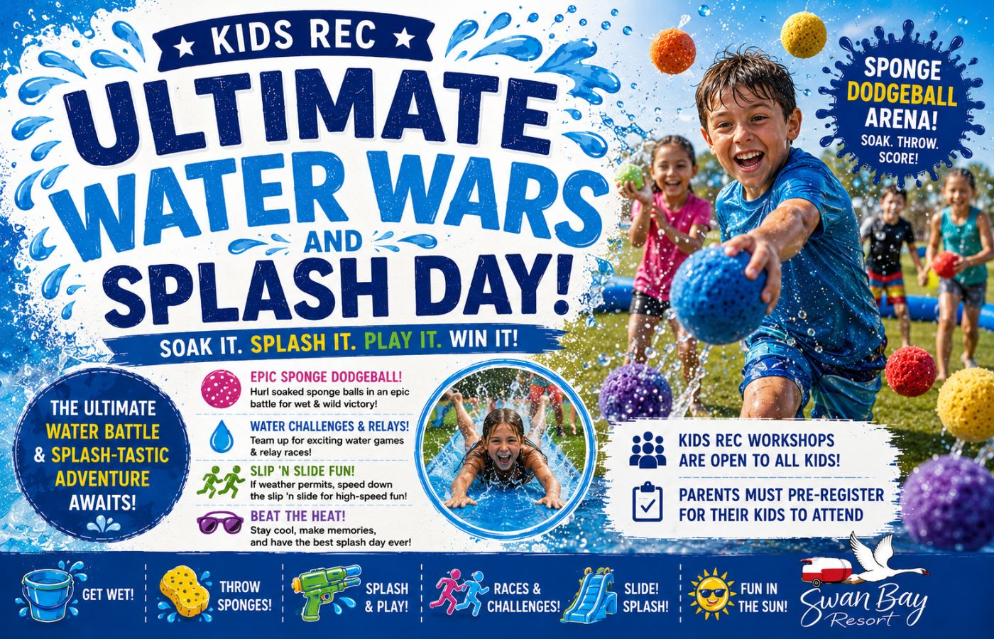 Kids participating in the Ultimate Water Splash Wars at Swan Bay's Kids Rec